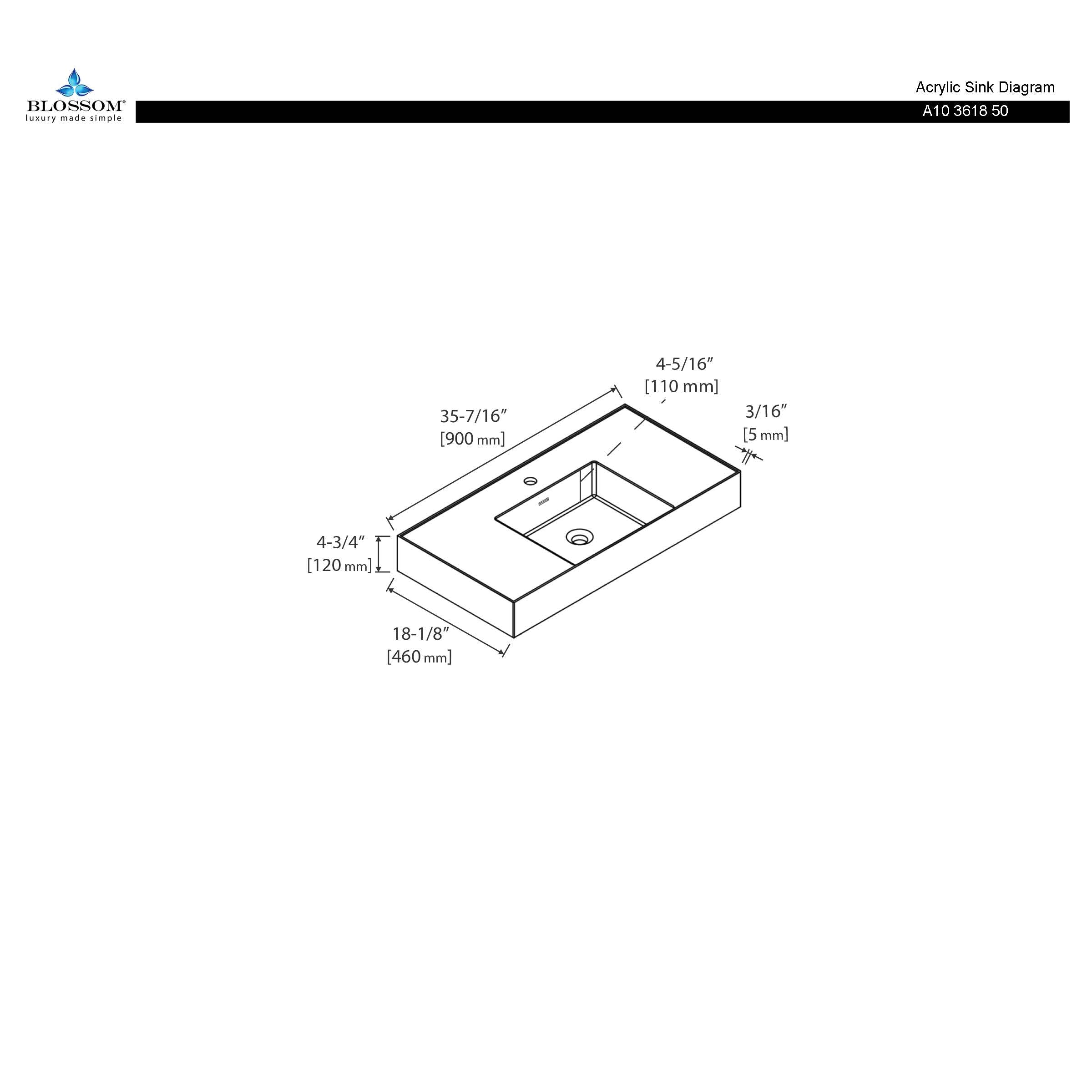 4-3/4 Thickness Acrylic Top-Mount Basin 36×18