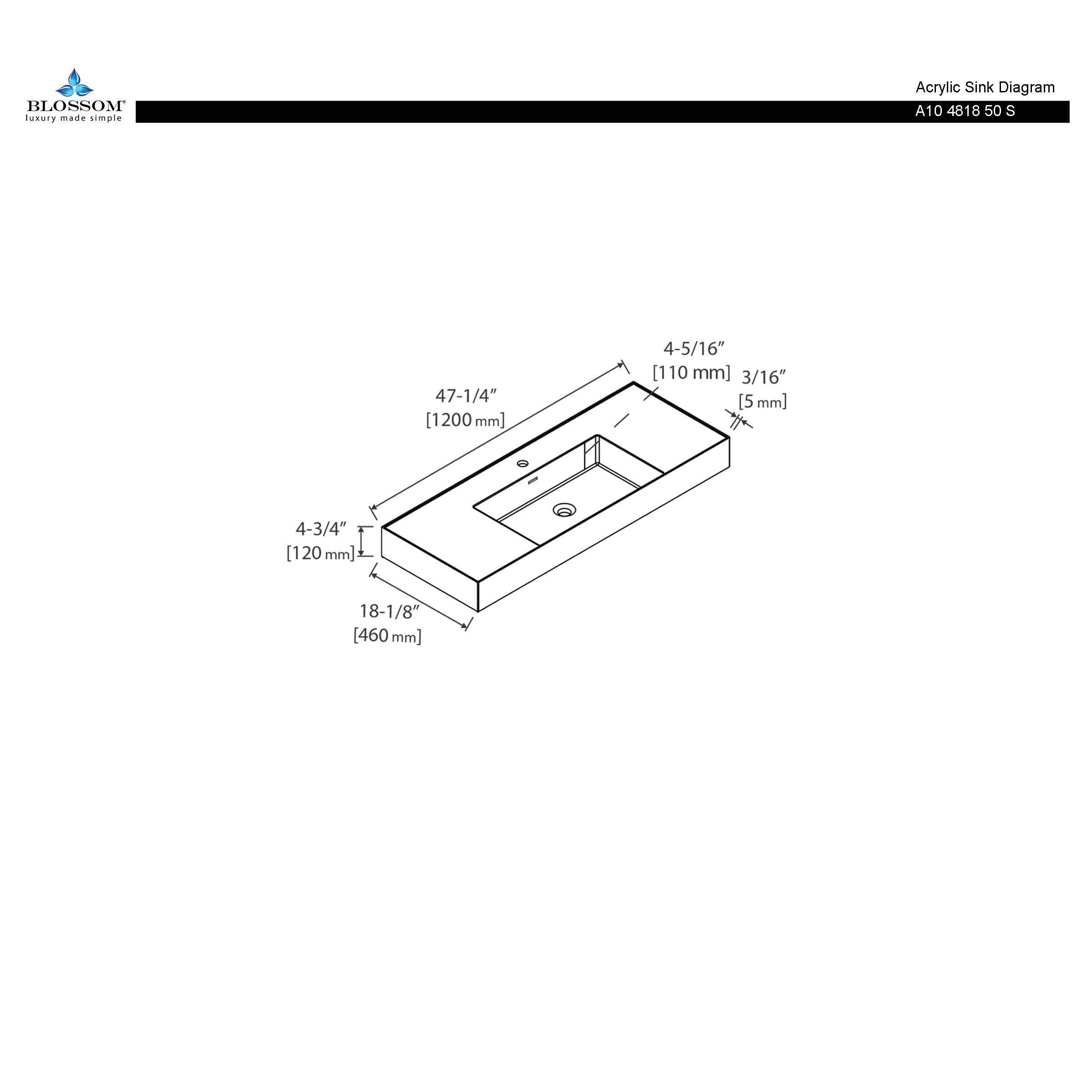 4-3/4 Thickness Acrylic Top-Mount Basin 48×18 Single