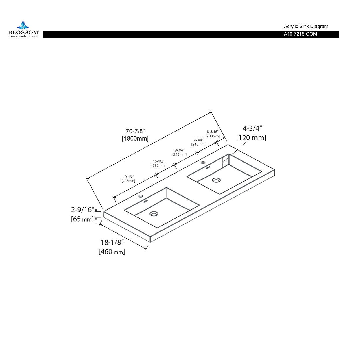 Acrylic Top-Mount Basin 72×18 A10 7218 COM