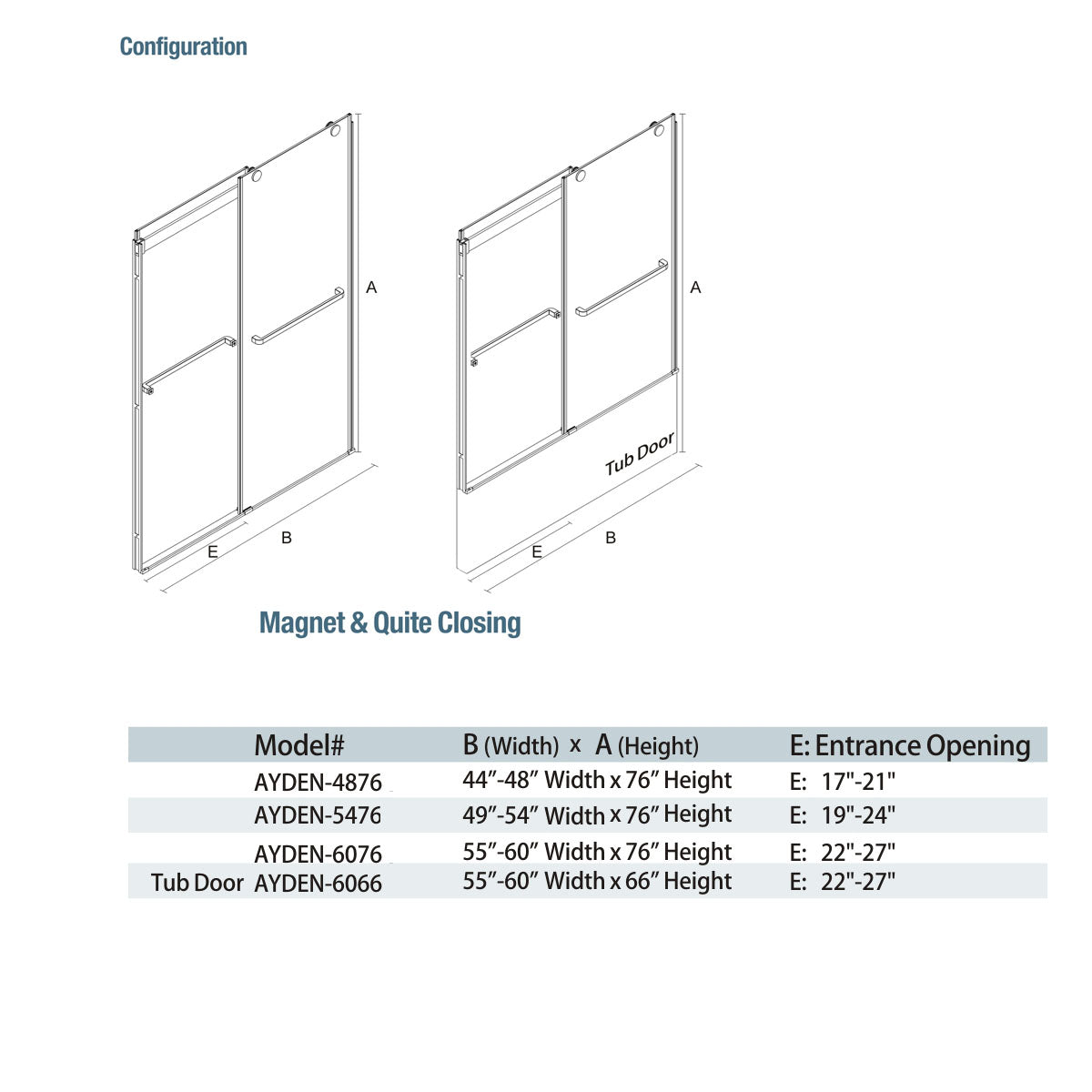 60" Ayden Series Tub Door Frameless Bypass  with Klearteck Treatment (3/8" Thickness) (Chrome)