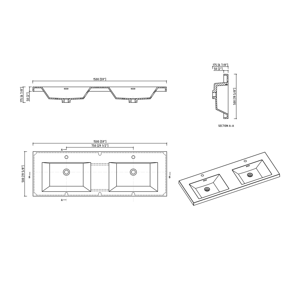 60" V9005 Angela Wall Hung Vanity & Acrylic Double Basins (Rose Wood)