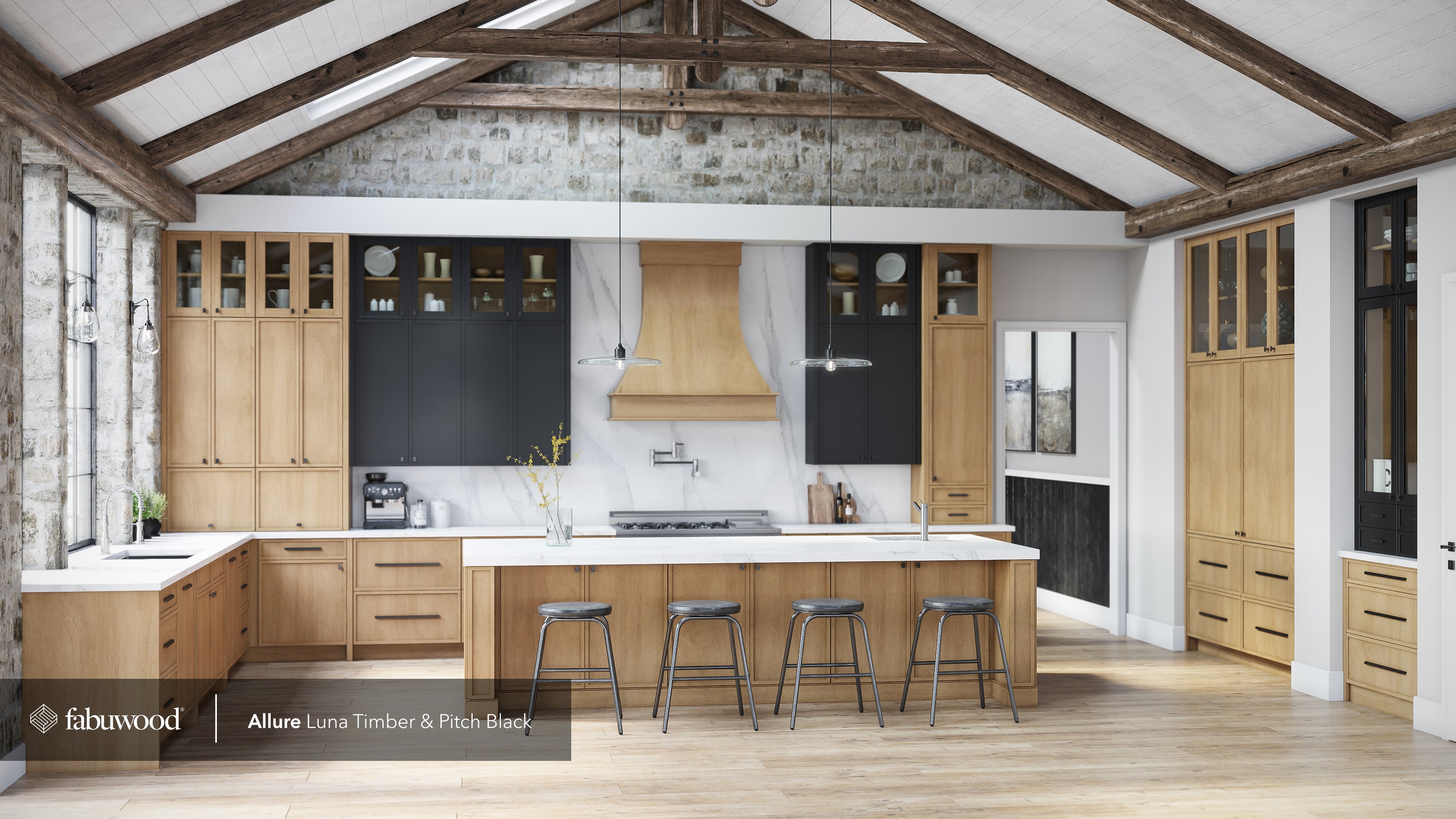 Allure Galaxy Timber kitchen cabinets with polished finishes and modern design in a contemporary kitchen interior.