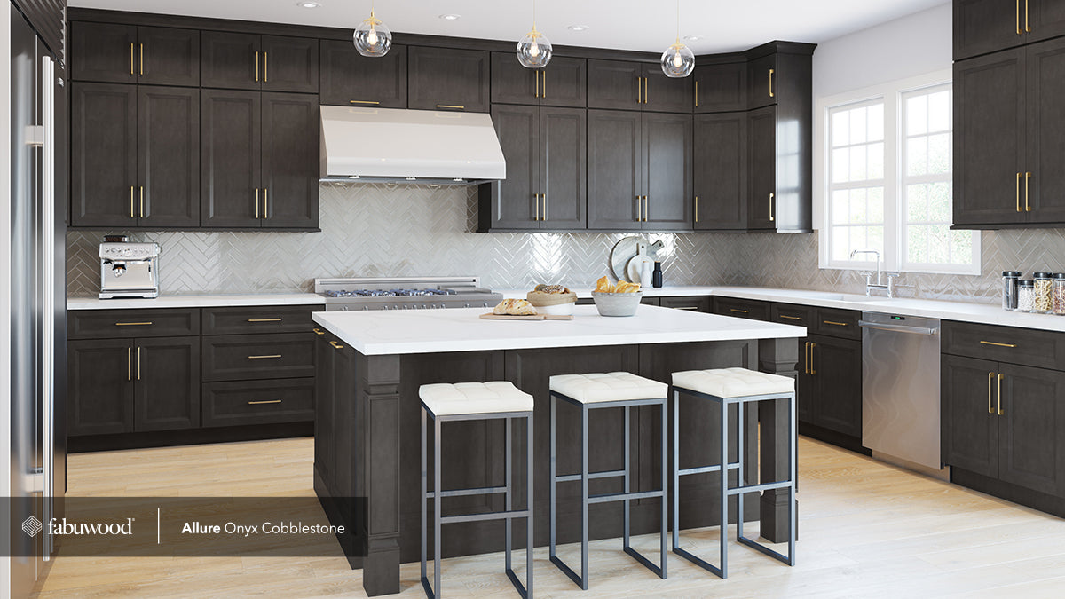 Modern kitchen with Allure Onyx Cobblestone cabinets, featuring a sleek island and elegant design elements.