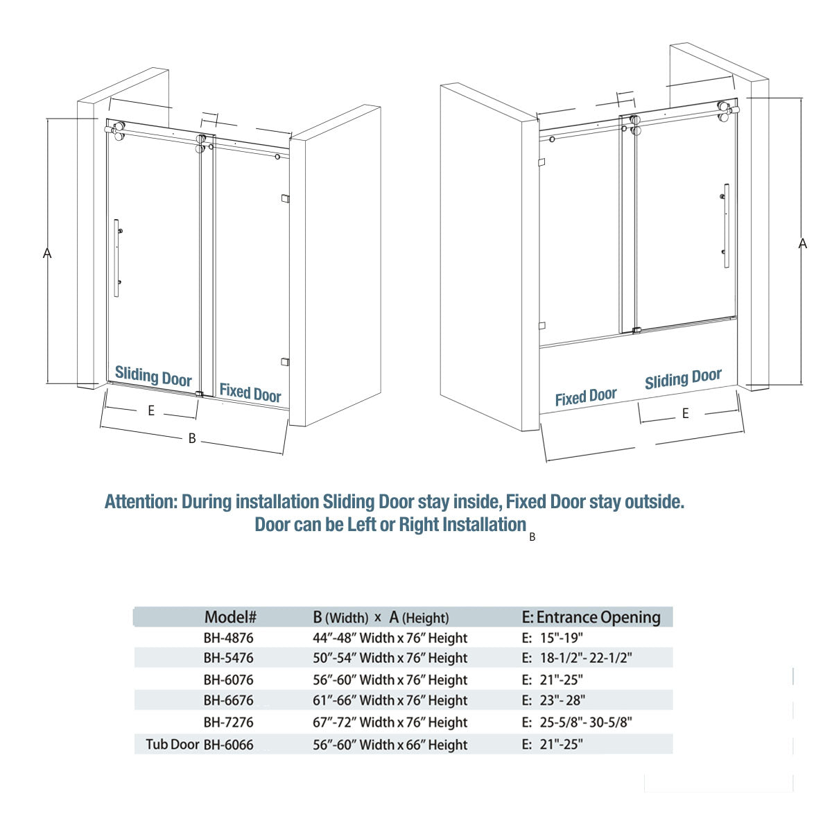 48"w x 76"h BH Series Frameless Single Sliding Shower Door (Chrome)