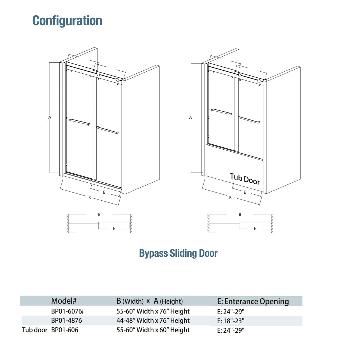 BP01 Bypass Shower Door (5/16" Thickness) (Matte Black)