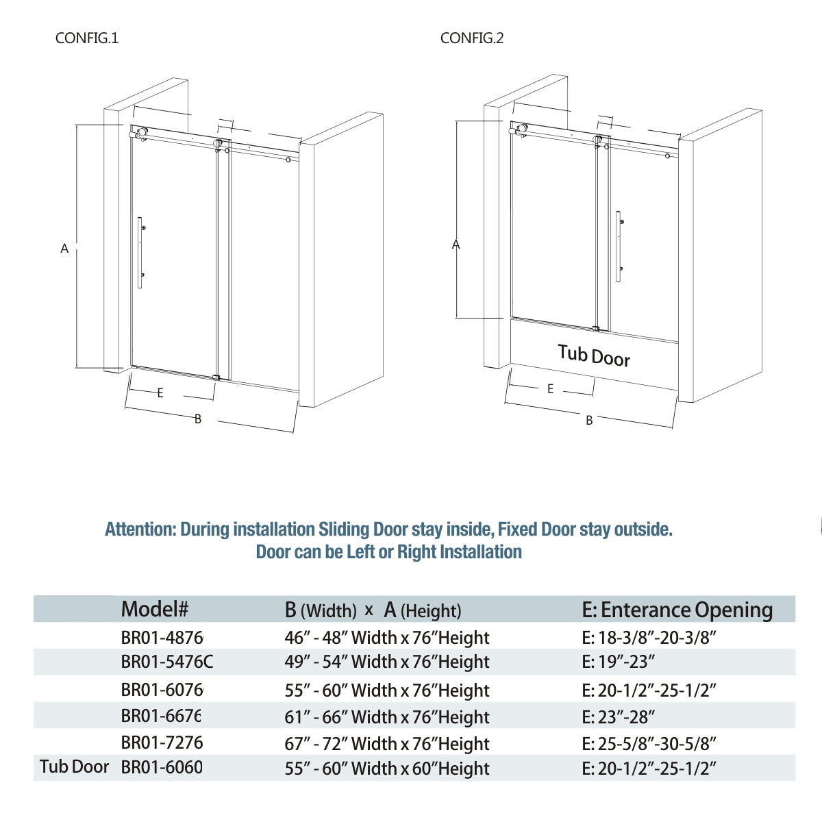 BR01 Joseph Frameless Single Sliding Tub Door with Klearteck Treatment (3/8" Thickness) (Chrome)