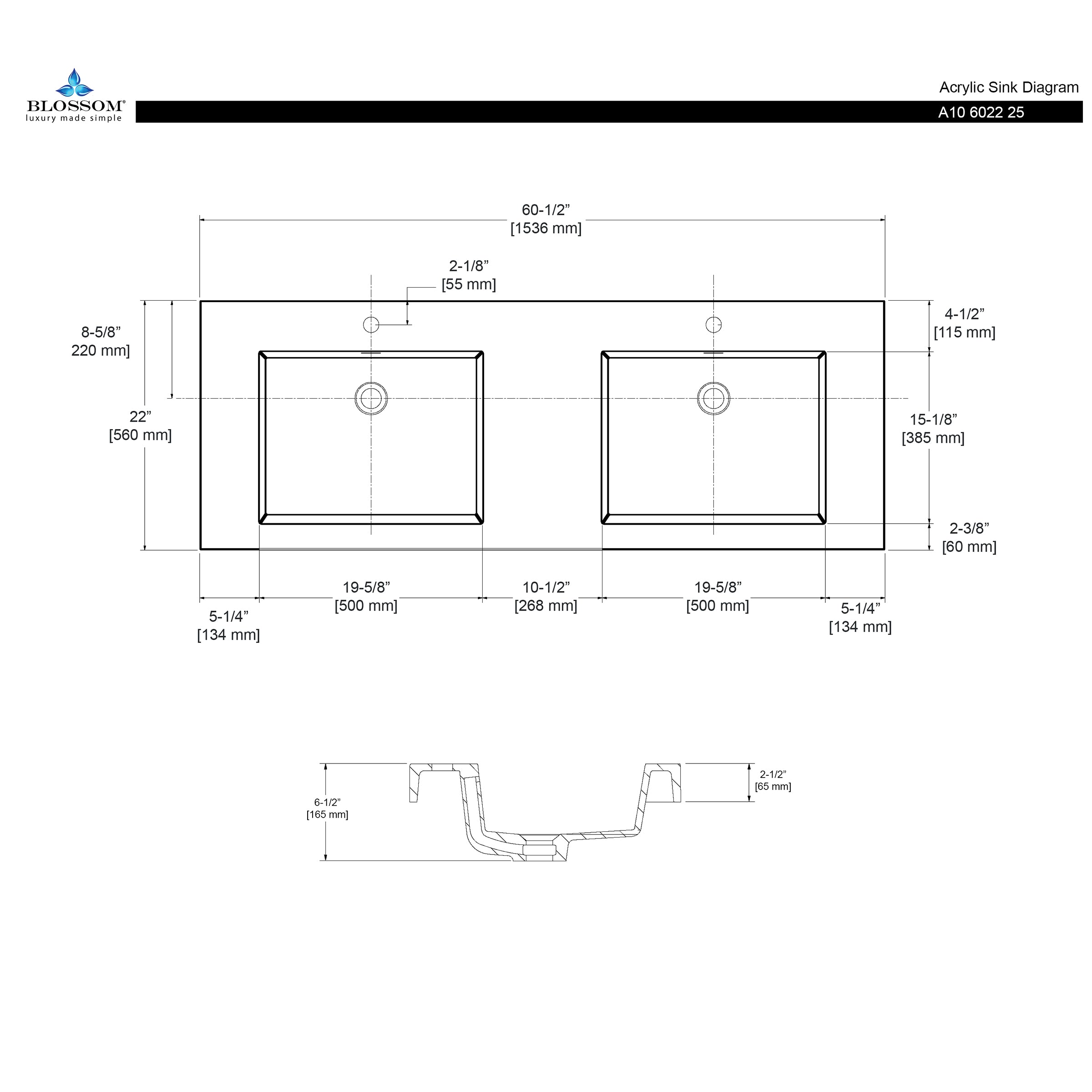 Acrylic Top-Mount Basin 60×22 A10 6022 25 - Shop at Home Craft Studio - 2