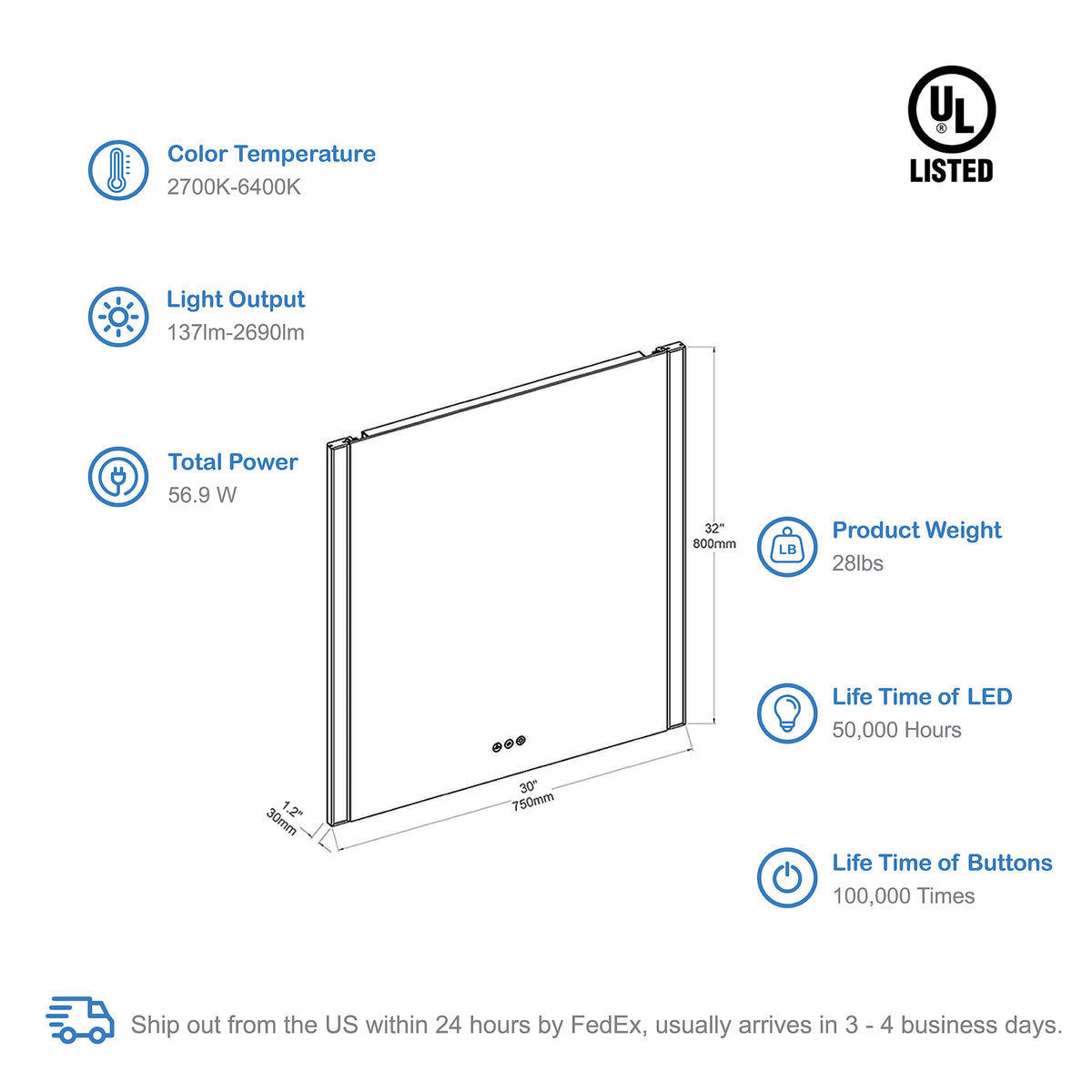 Blossom Binary 30″ LED Bathroom Mirror Mirrors - Shop at Home Craft Studio - 4
