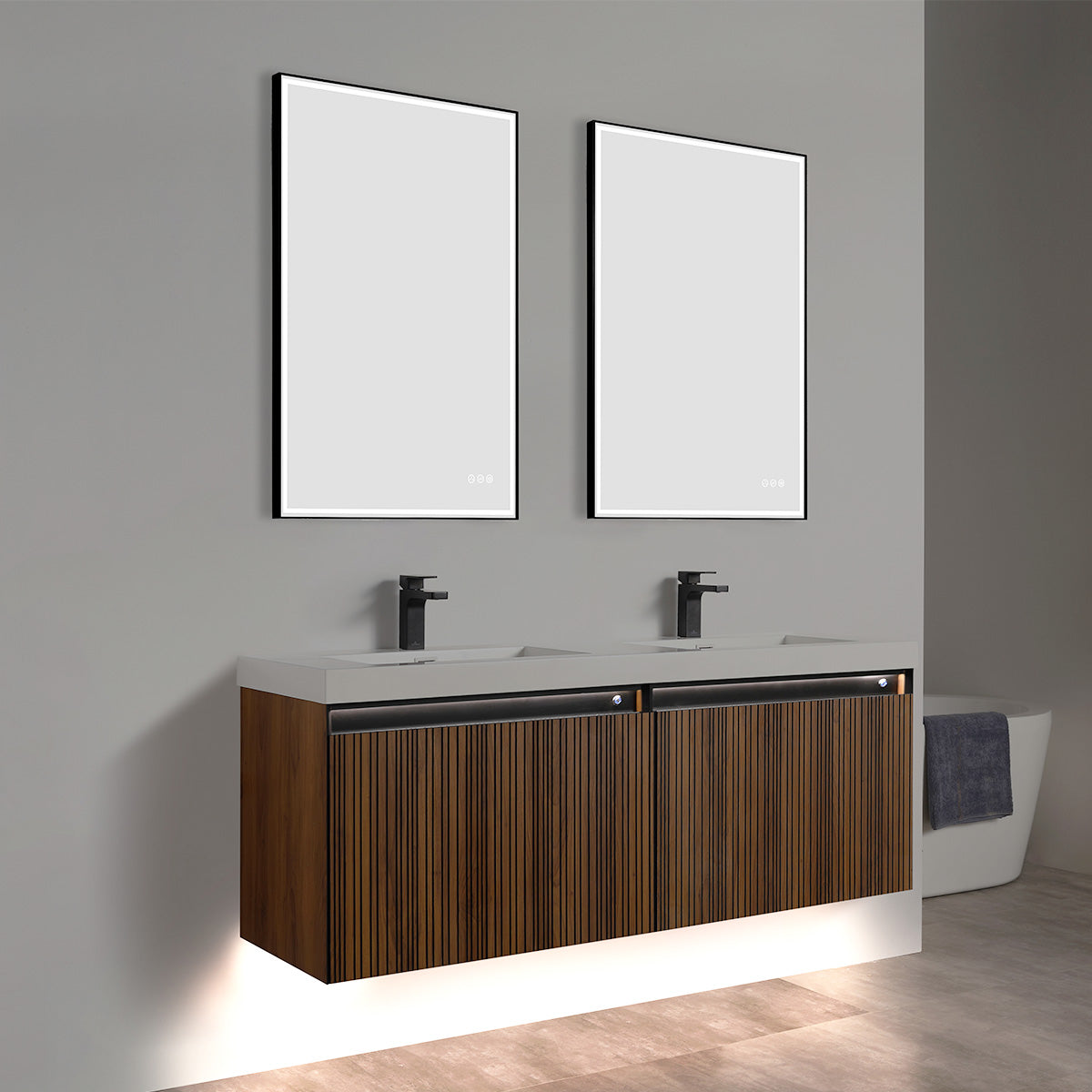 Lille – 60 Inch Double Vanity – Brown Walnut Strip