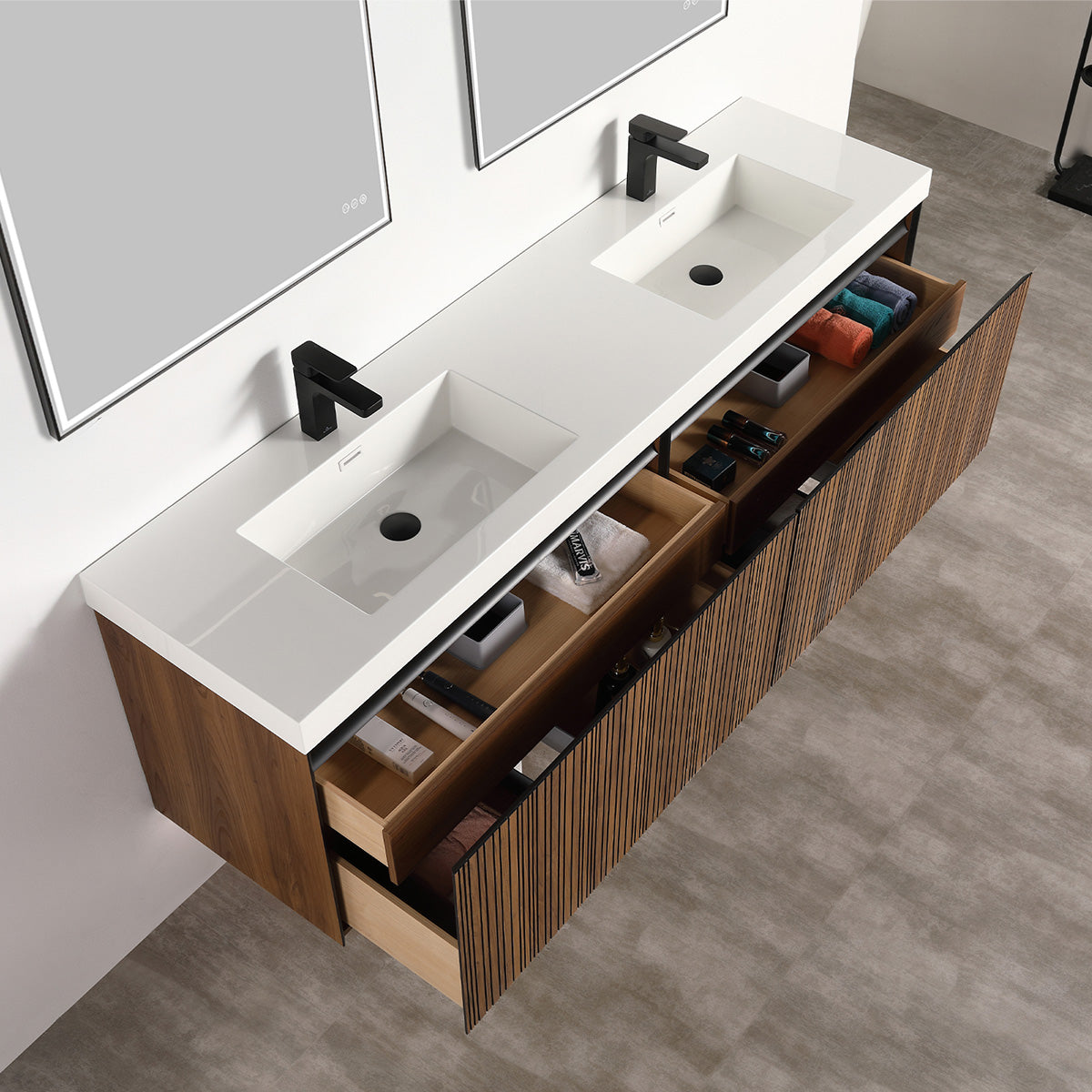 Lille – 72 Inch Double Vanity – Brown Walnut Strip