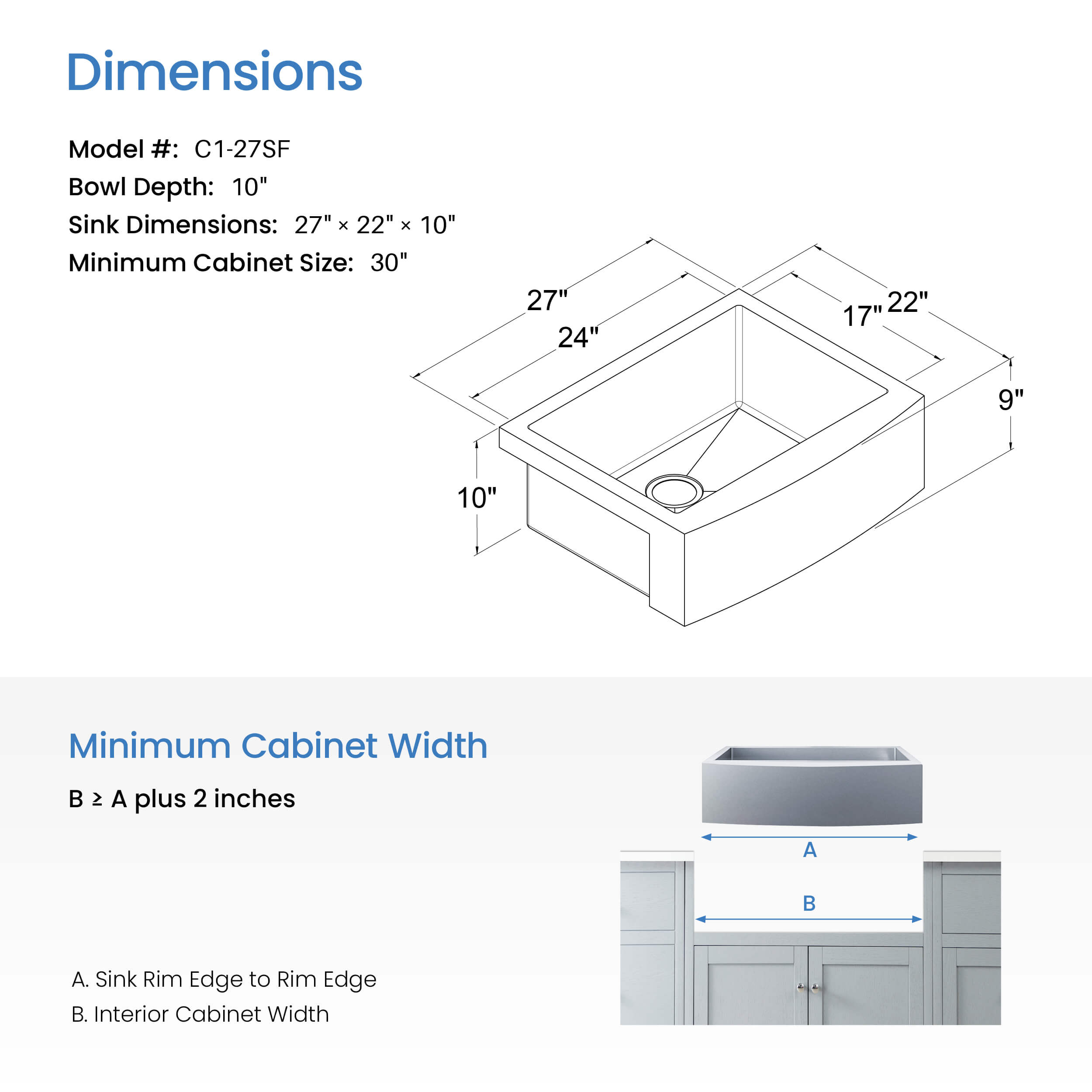 27" Handcrafted Farmhouse Apron Single Bowl Stainless Steel Kitchen Sink - C1-27SF