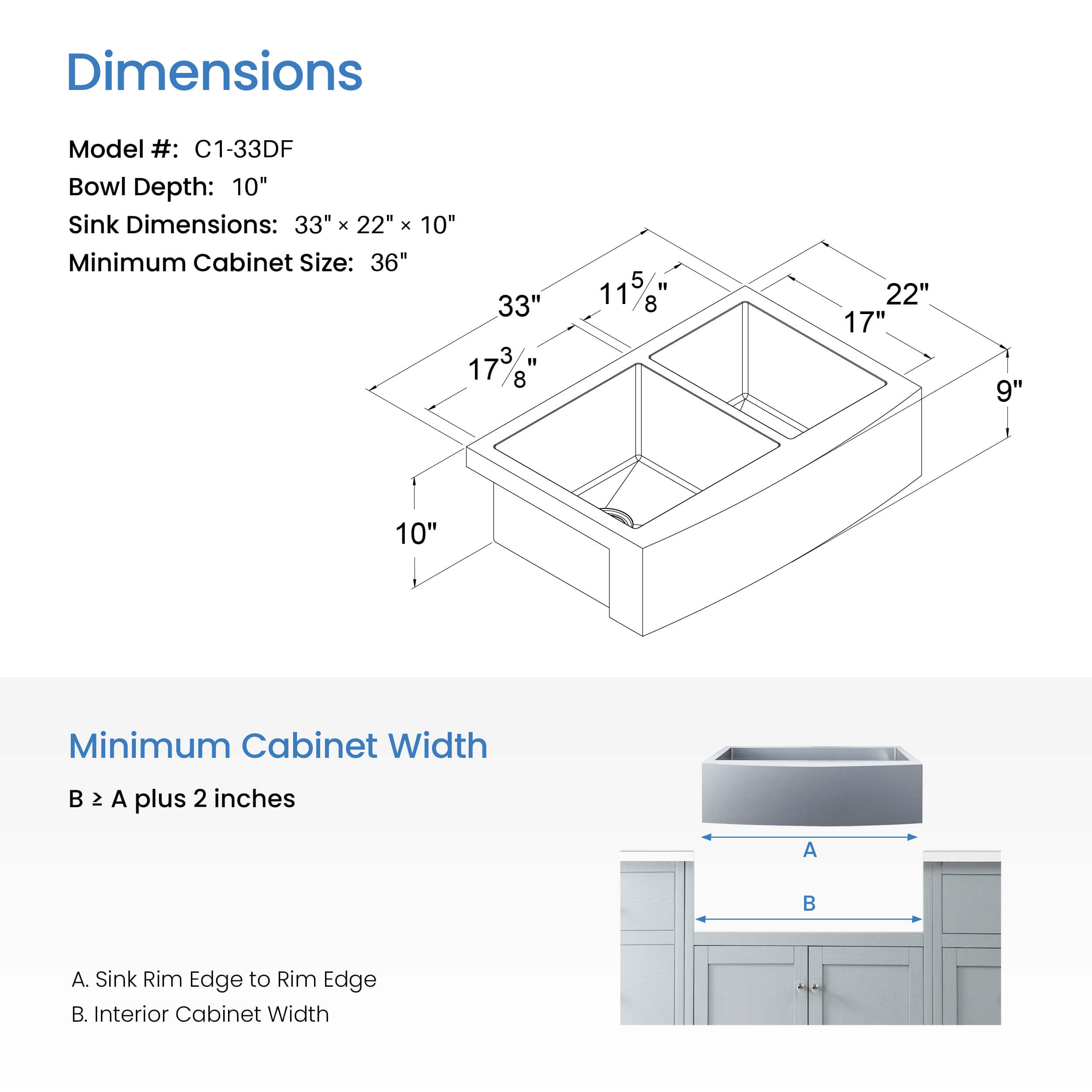 33" Handcrafted Farmhouse Apron Double Bowl Stainless Steel Kitchen Sink - C1-33DF