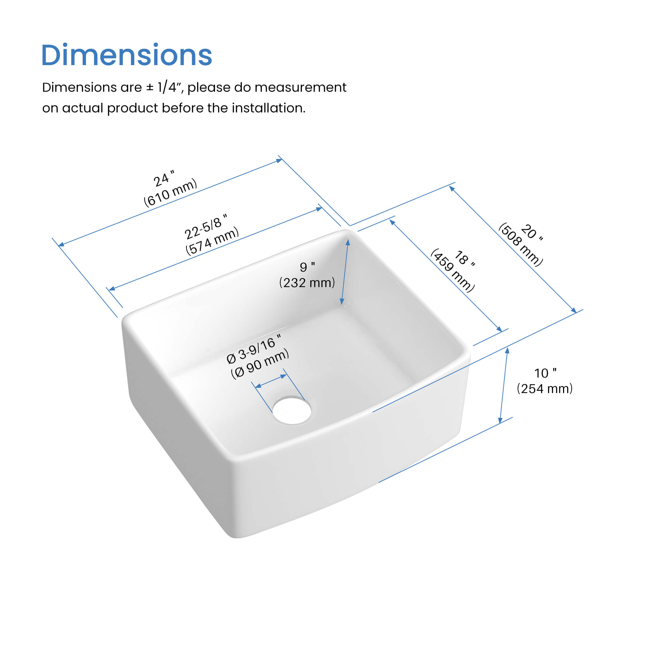 Nova 24" Curved Apron Front Fireclay Farmhouse Kitchen Sink - C2-24SFC