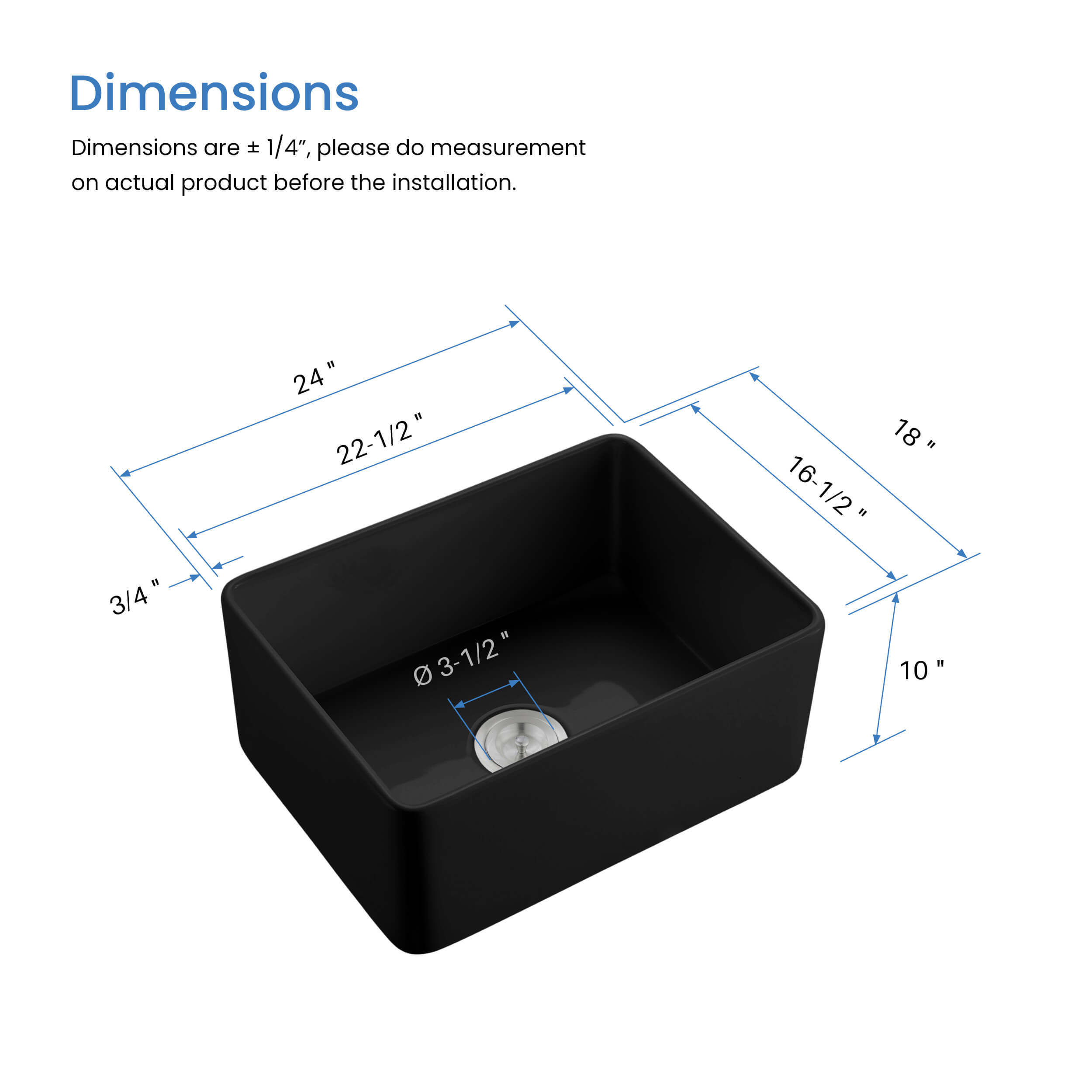 Nova 24" Matte Black Fireclay Single Bowl Kitchen Farmhouse Sink - C2-24SFMB