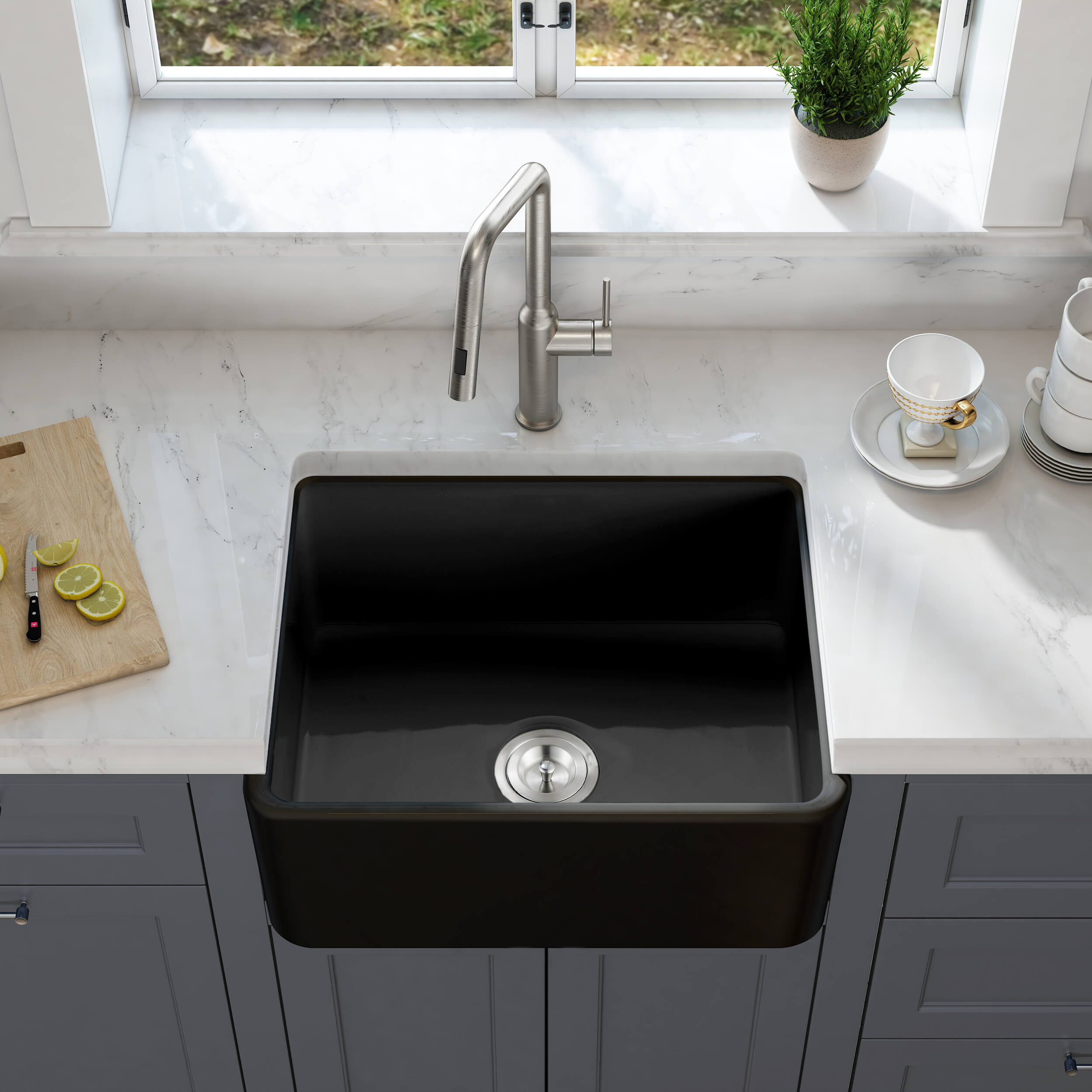 Nova 24" Matte Black Fireclay Single Bowl Kitchen Farmhouse Sink - C2-24SFMB