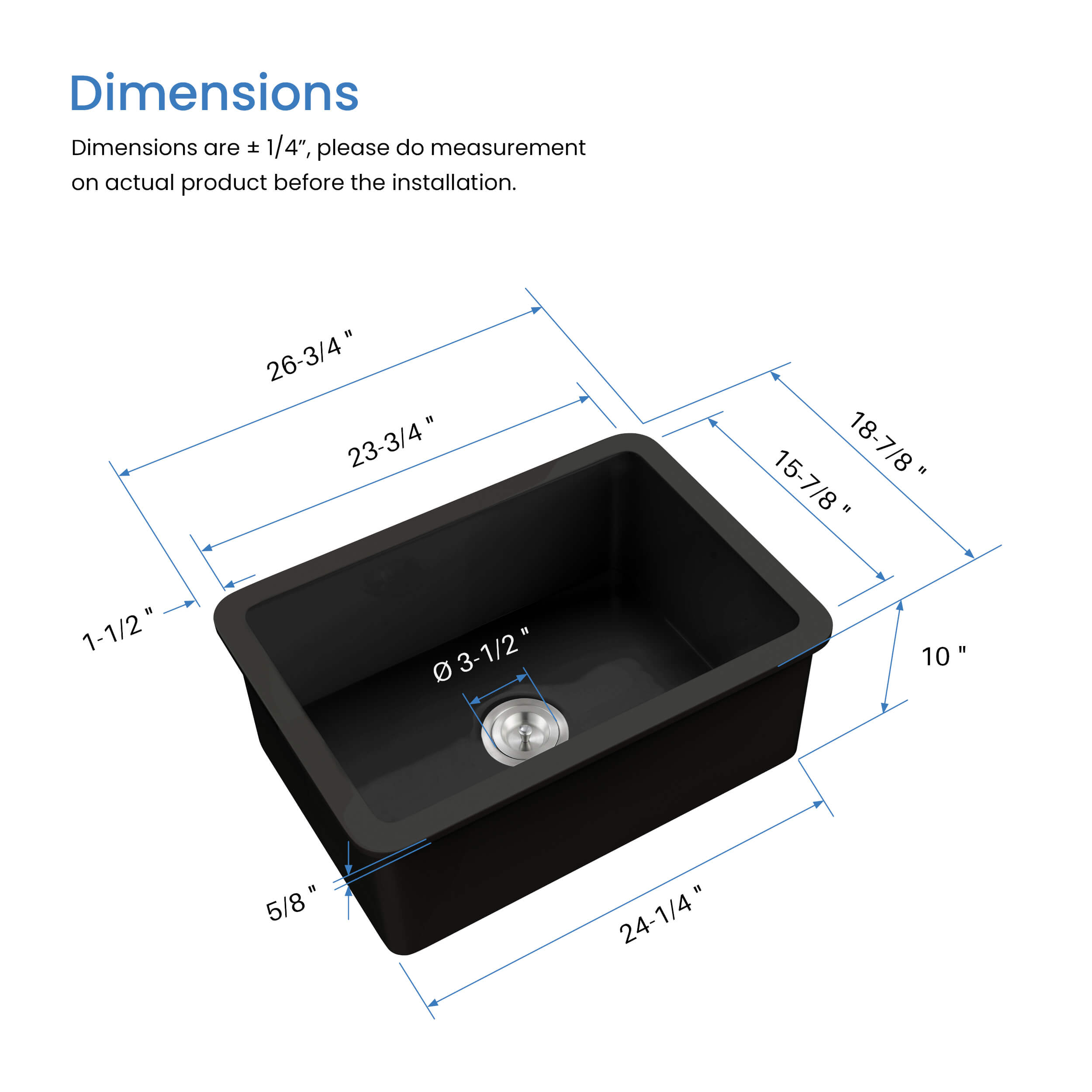Nova 27" Matte Black Fireclay Single Bowl Kitchen Undermount Sink - C2-27SMB