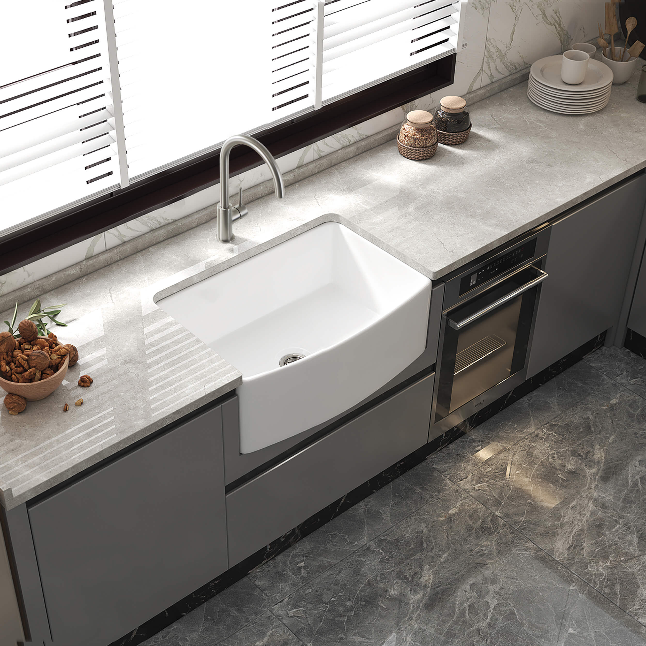 Nova 30" Curved Apron Front Fireclay Farmhouse Kitchen Sink - C2-30SFC