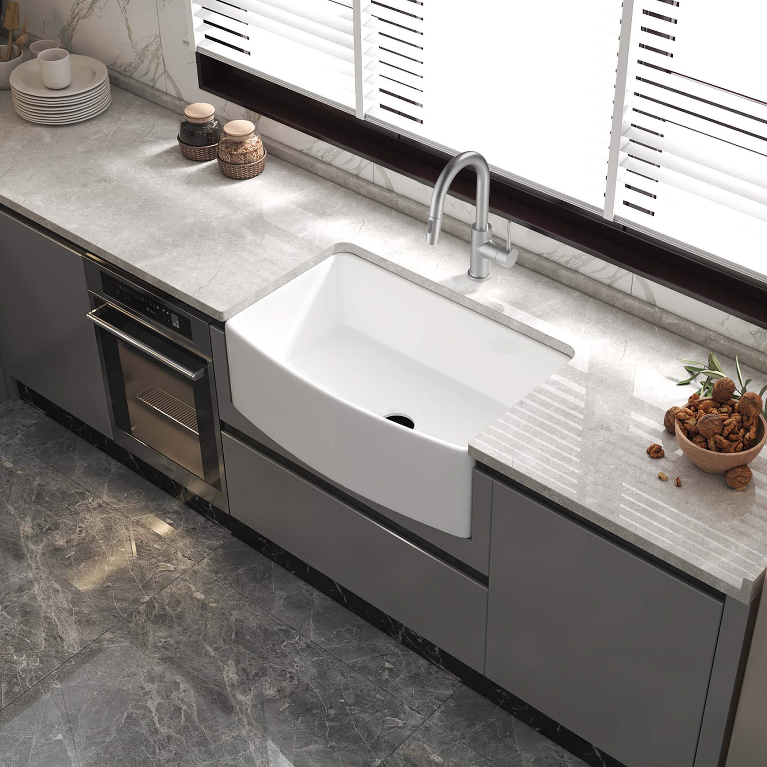 Nova 30" Curved Apron Front Fireclay Farmhouse Kitchen Sink - C2-30SFC