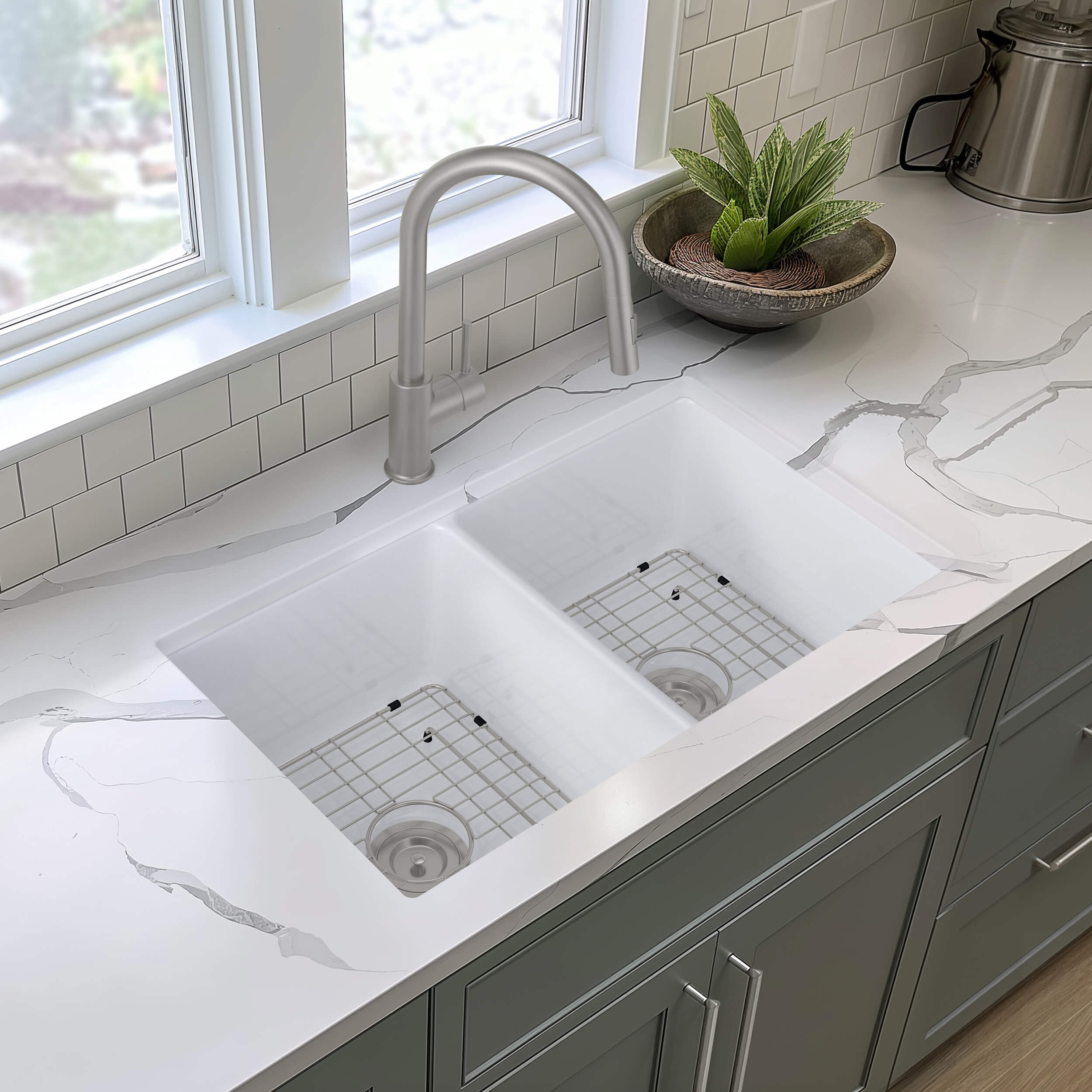 32" Fireclay Double Bowl Undermount Kitchen Sink - C2-32D