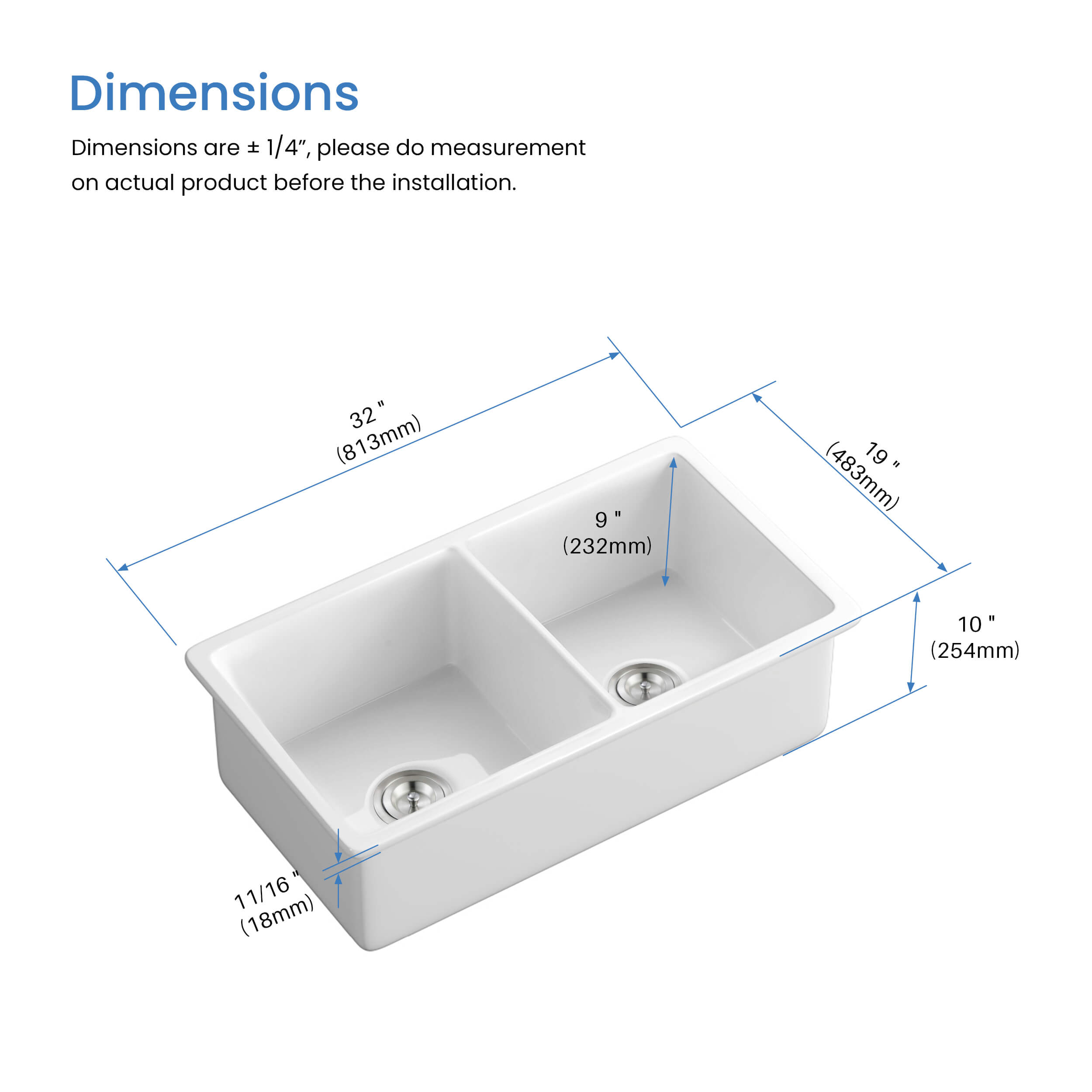 32" Fireclay Double Bowl Undermount Kitchen Sink - C2-32D