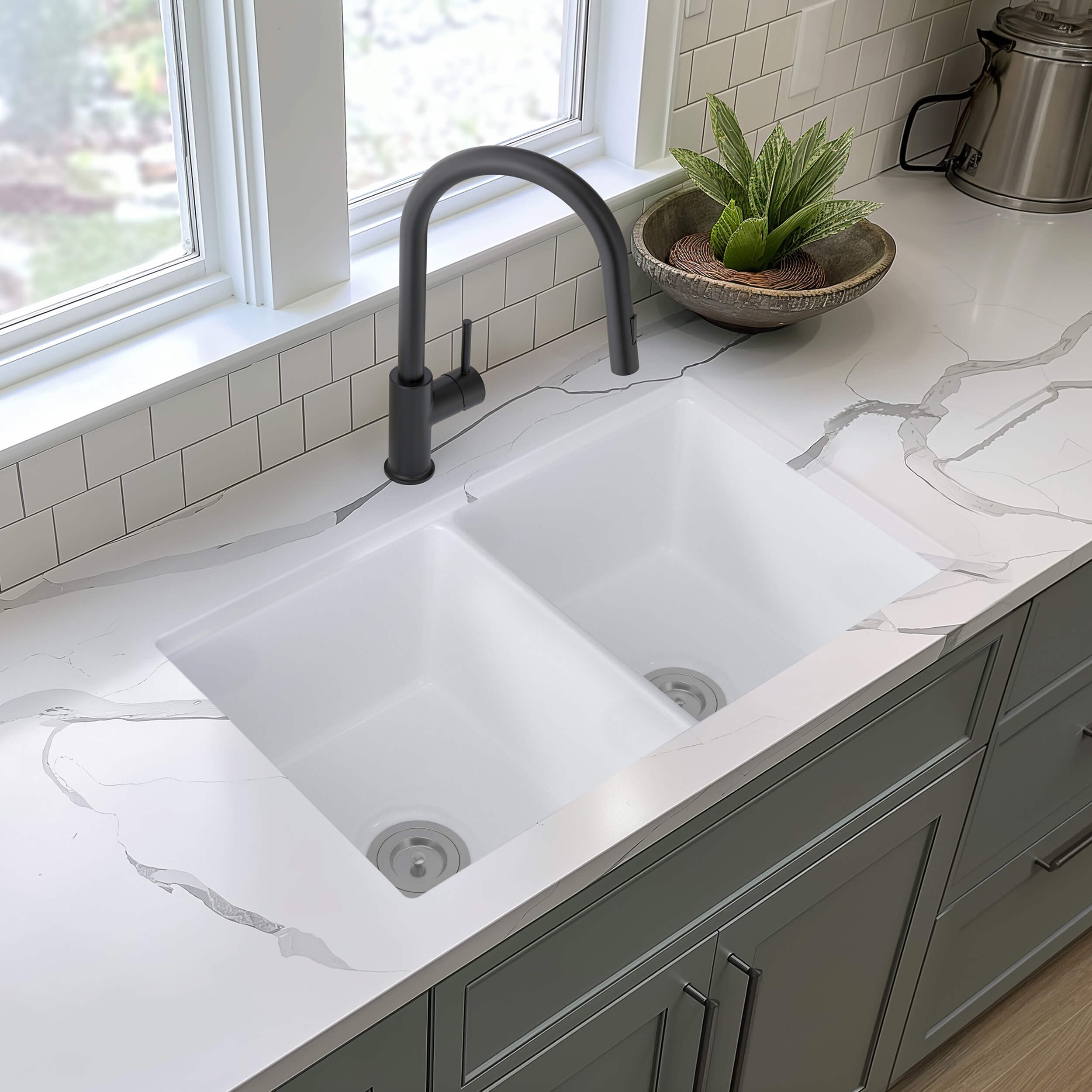 32" Fireclay Double Bowl Undermount Kitchen Sink - C2-32D
