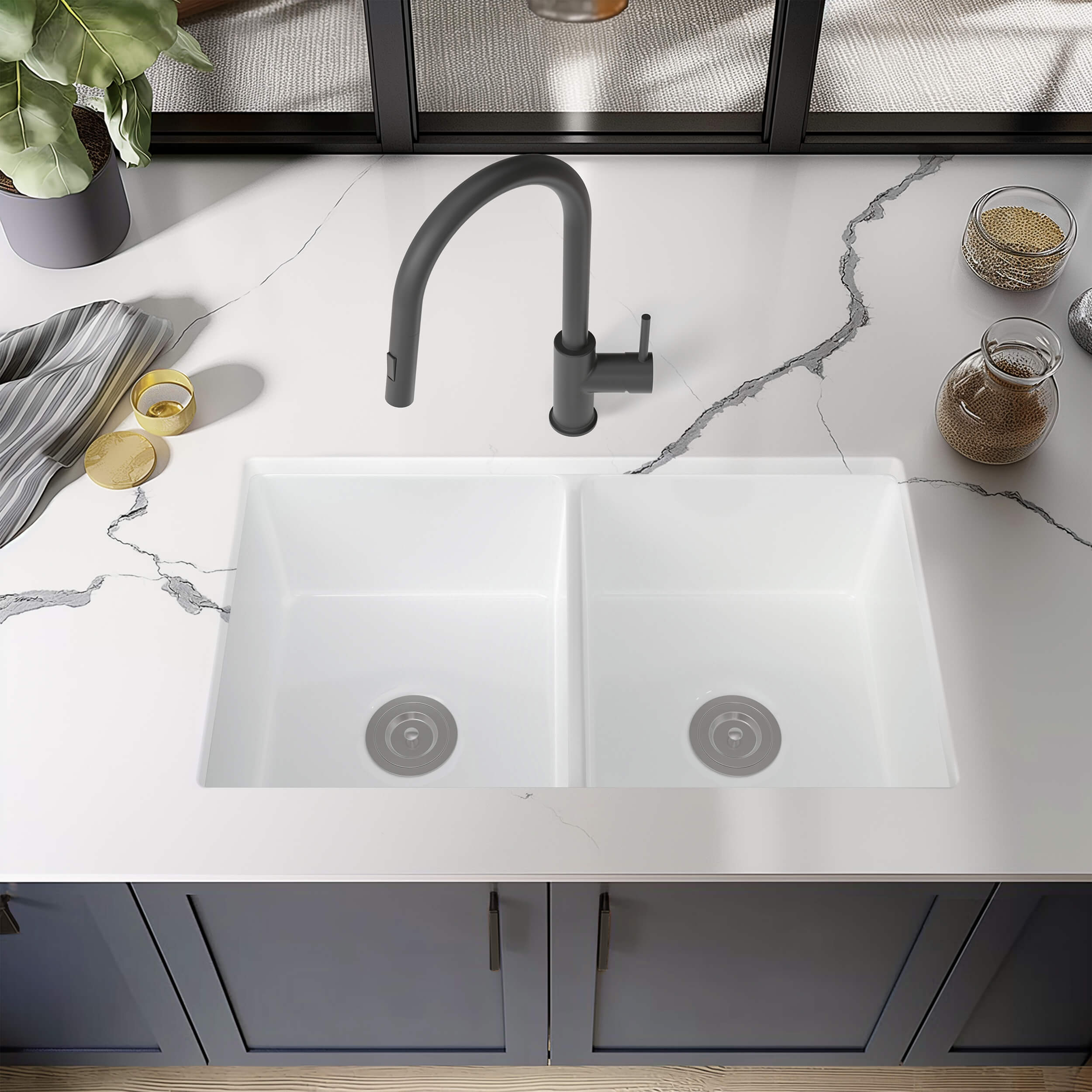 32" Fireclay Double Bowl Undermount Kitchen Sink - C2-32D