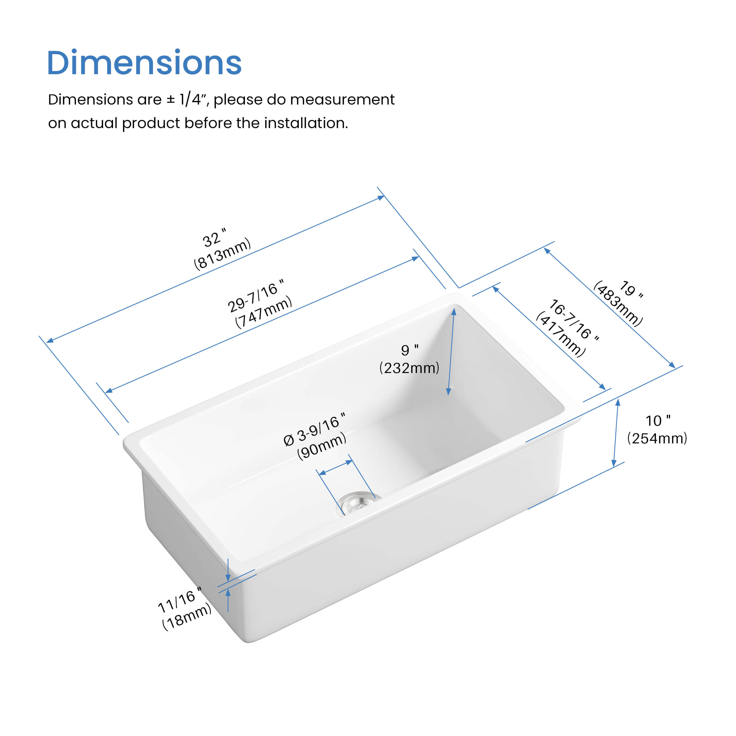Nova 32" Single Bowl Undermount Fireclay Kitchen Sink - C2-32S