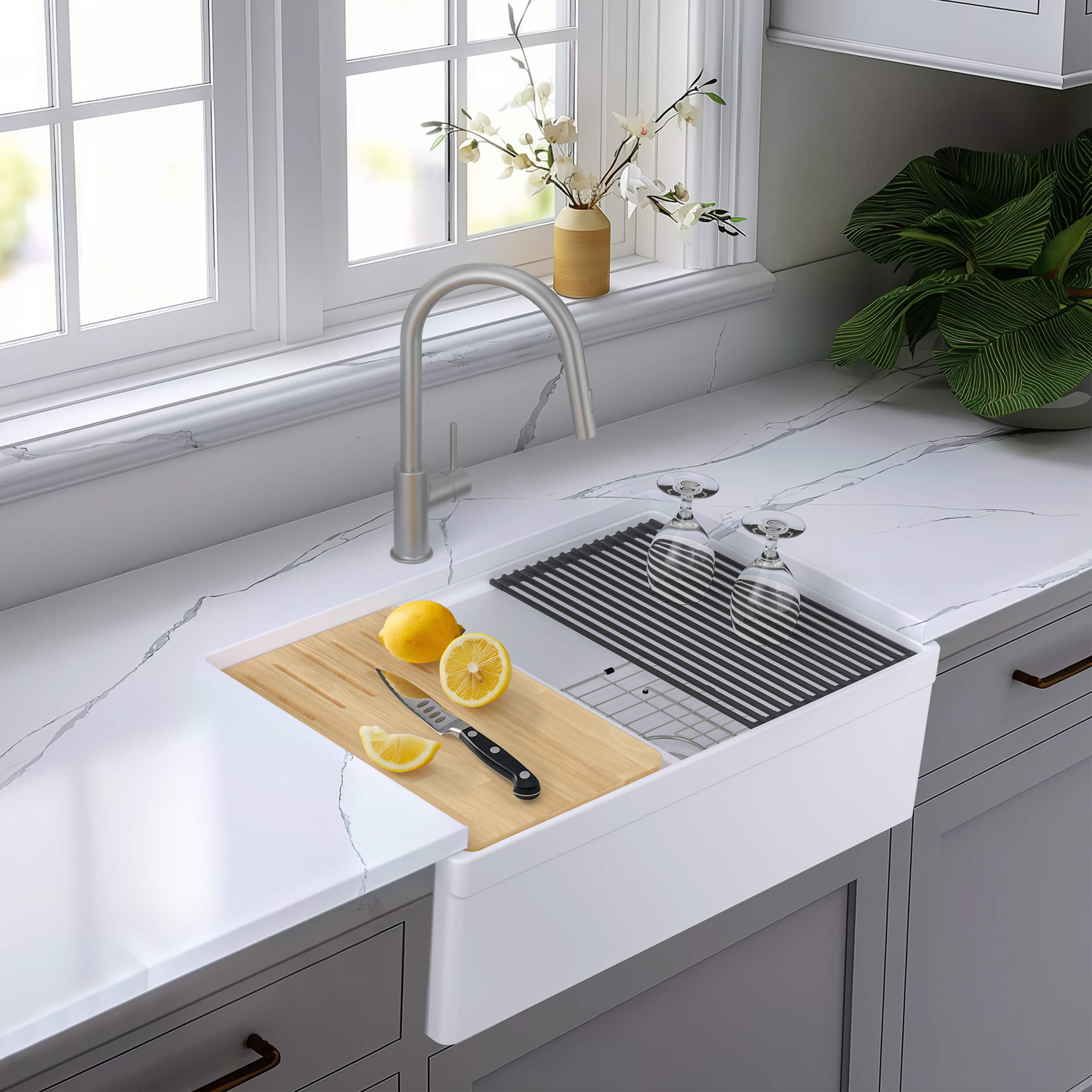 33" Fireclay Double Bowl Farmhouse Kitchen Workstation Sink - C2-33DFT