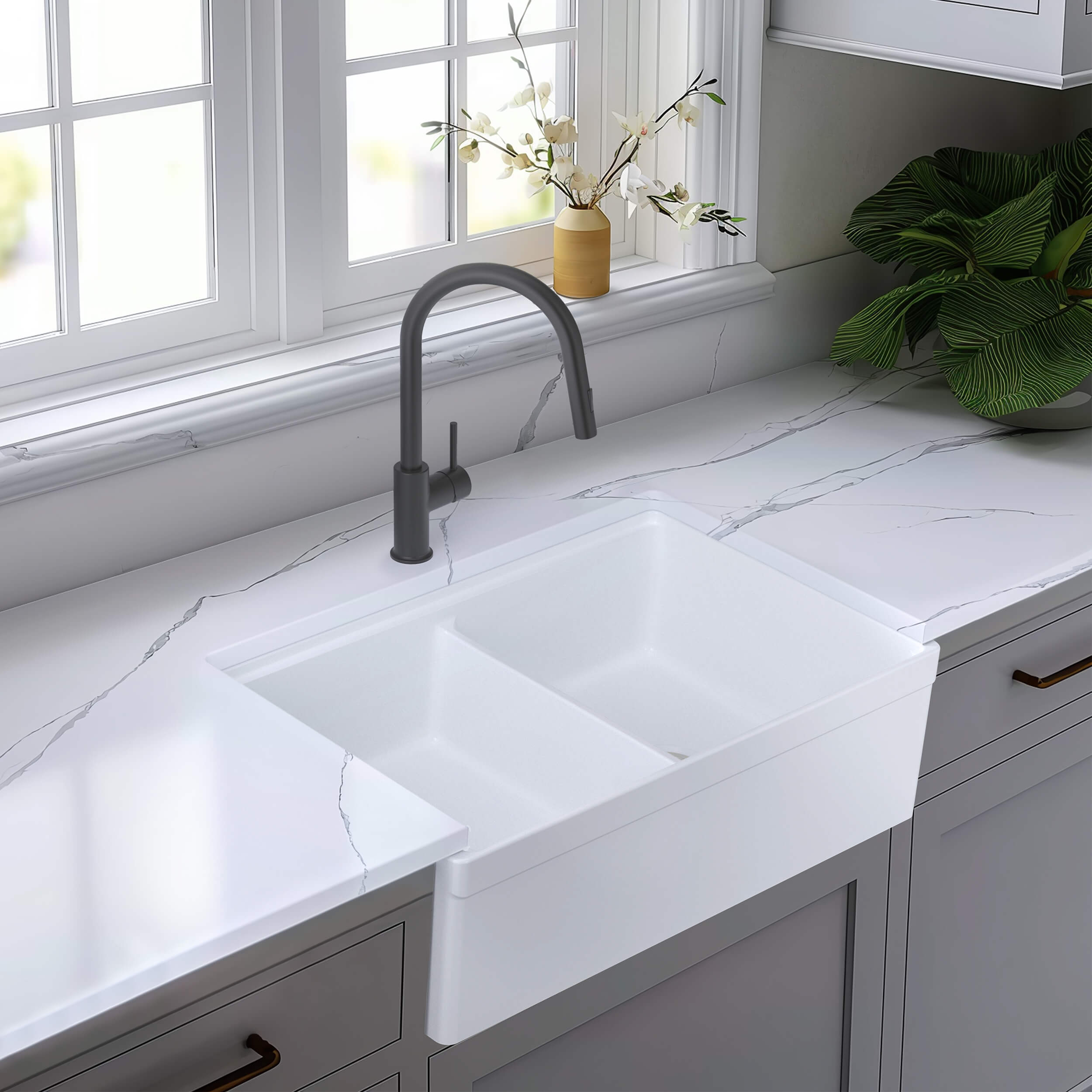 33" Fireclay Double Bowl Farmhouse Kitchen Workstation Sink - C2-33DFT