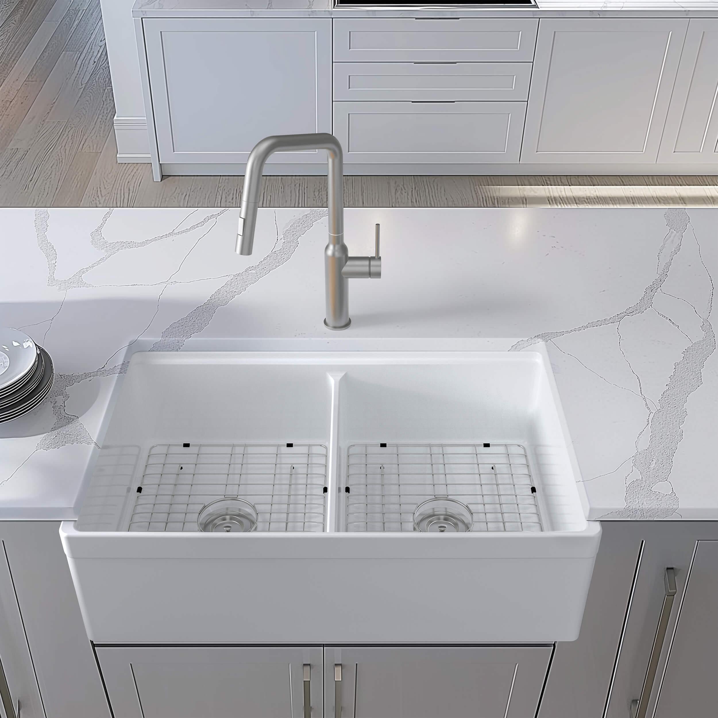 33" Fireclay Double Bowl Farmhouse Kitchen Workstation Sink - C2-33DFT