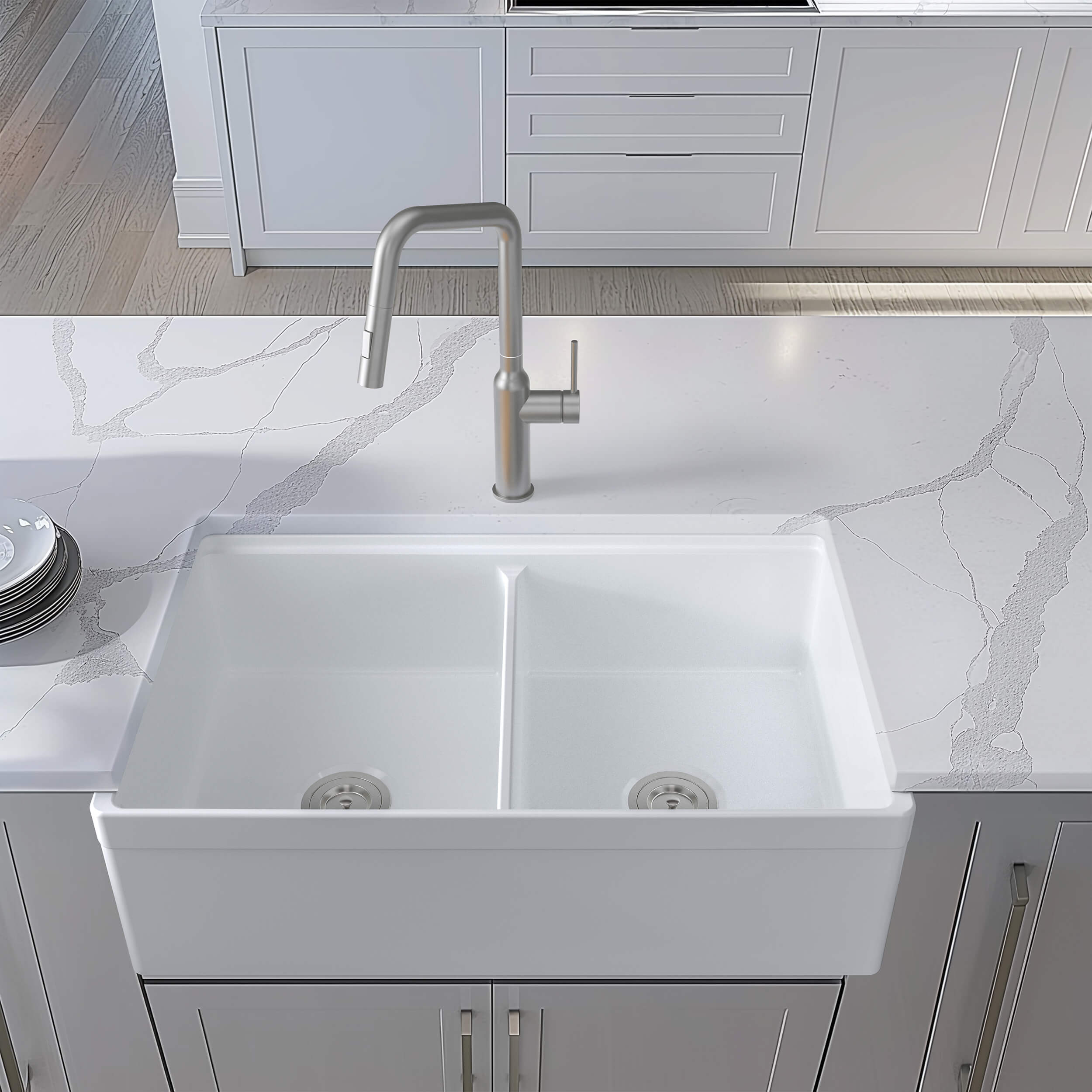 33" Fireclay Double Bowl Farmhouse Kitchen Workstation Sink - C2-33DFT