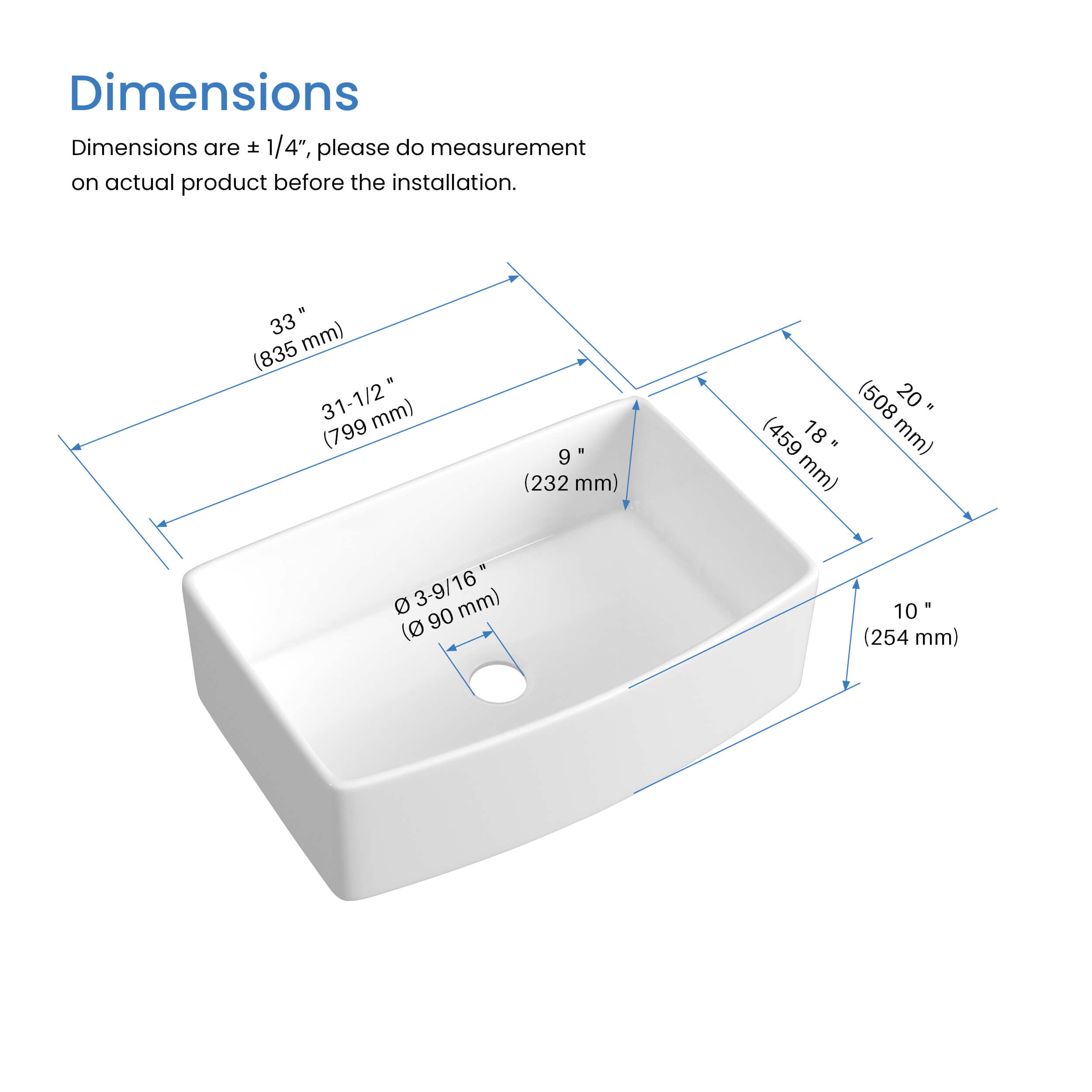 Nova 33" Curved Apron Front Fireclay Farmhouse Kitchen Sink - C2-33SFC
