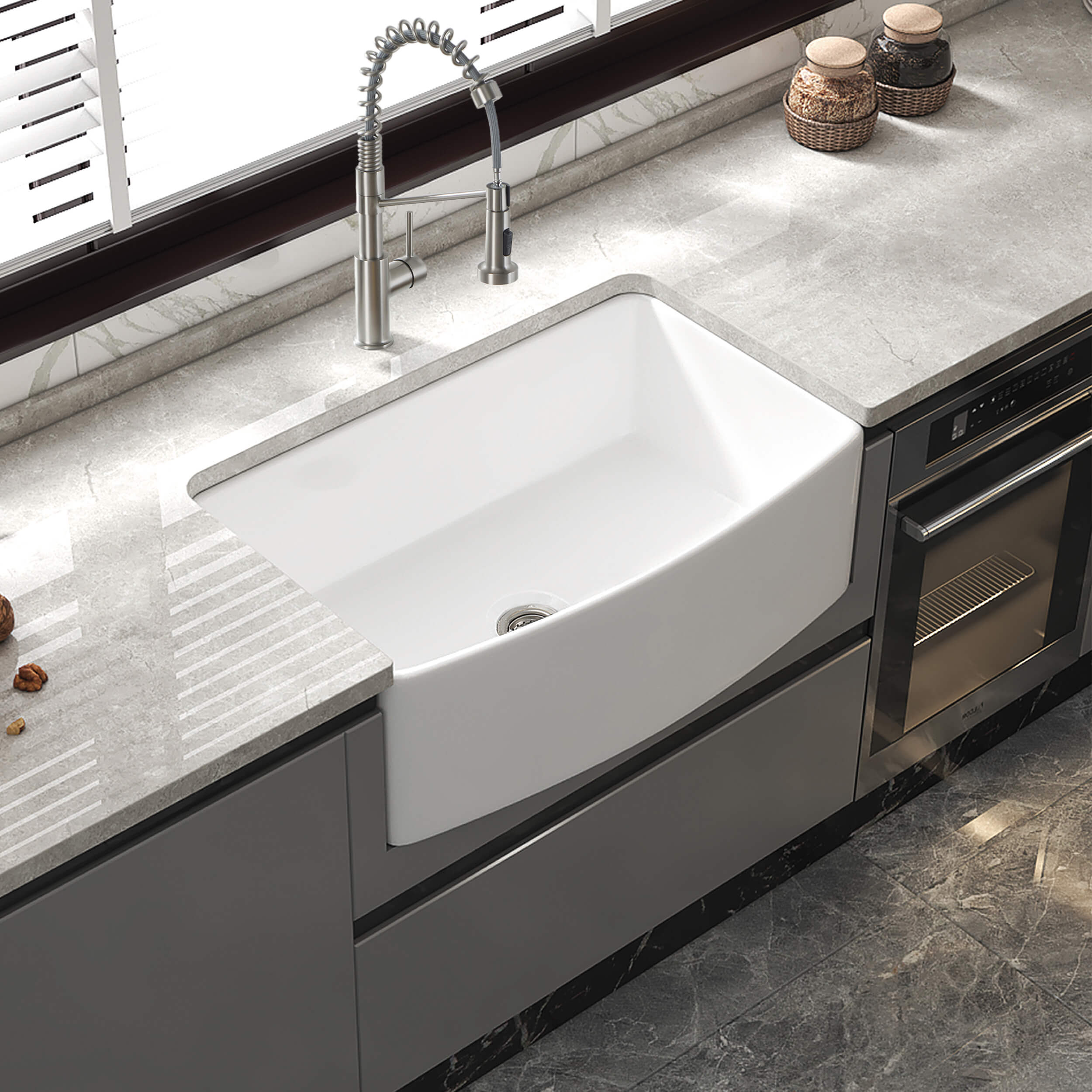 Nova 33" Curved Apron Front Fireclay Farmhouse Kitchen Sink - C2-33SFC