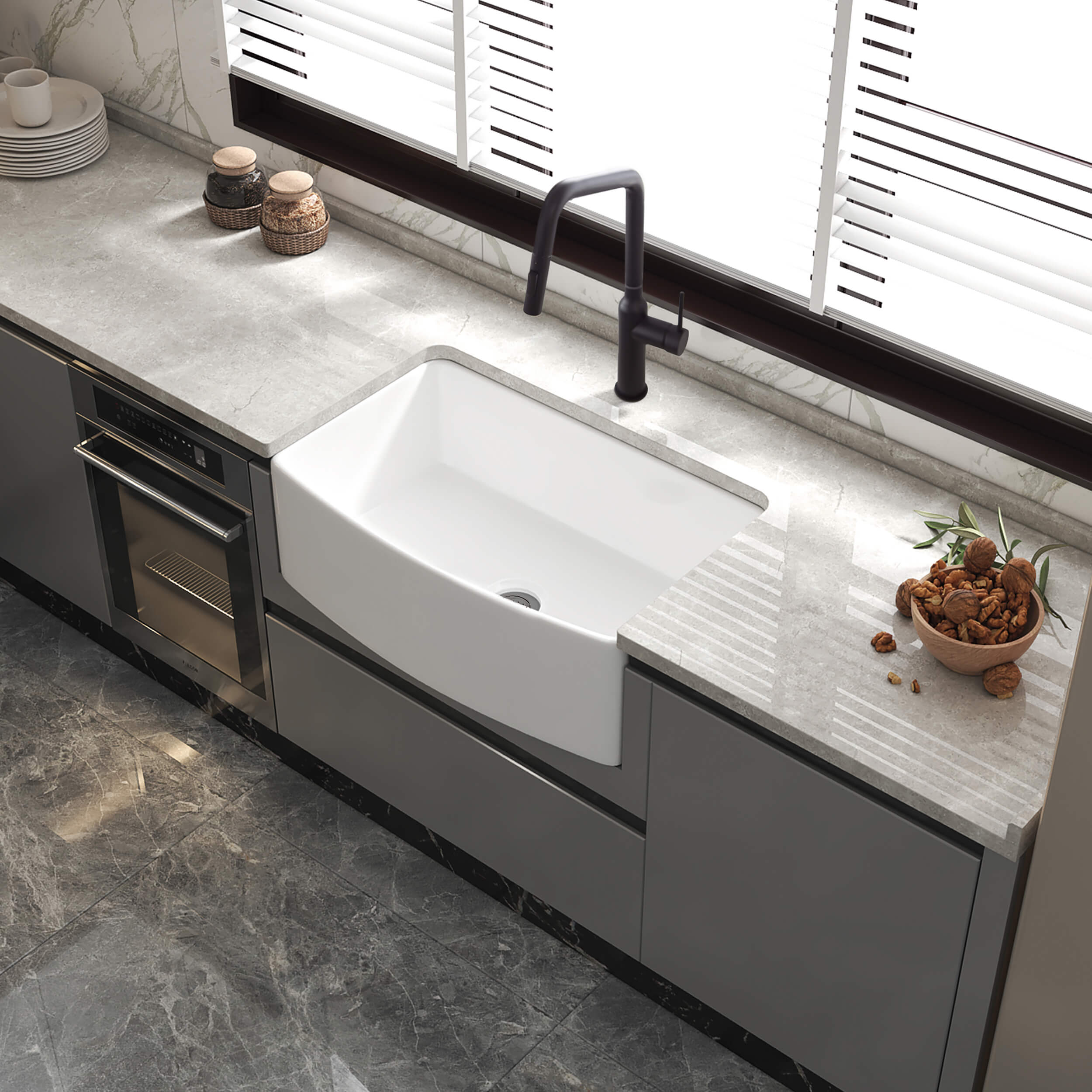 Nova 33" Curved Apron Front Fireclay Farmhouse Kitchen Sink - C2-33SFC