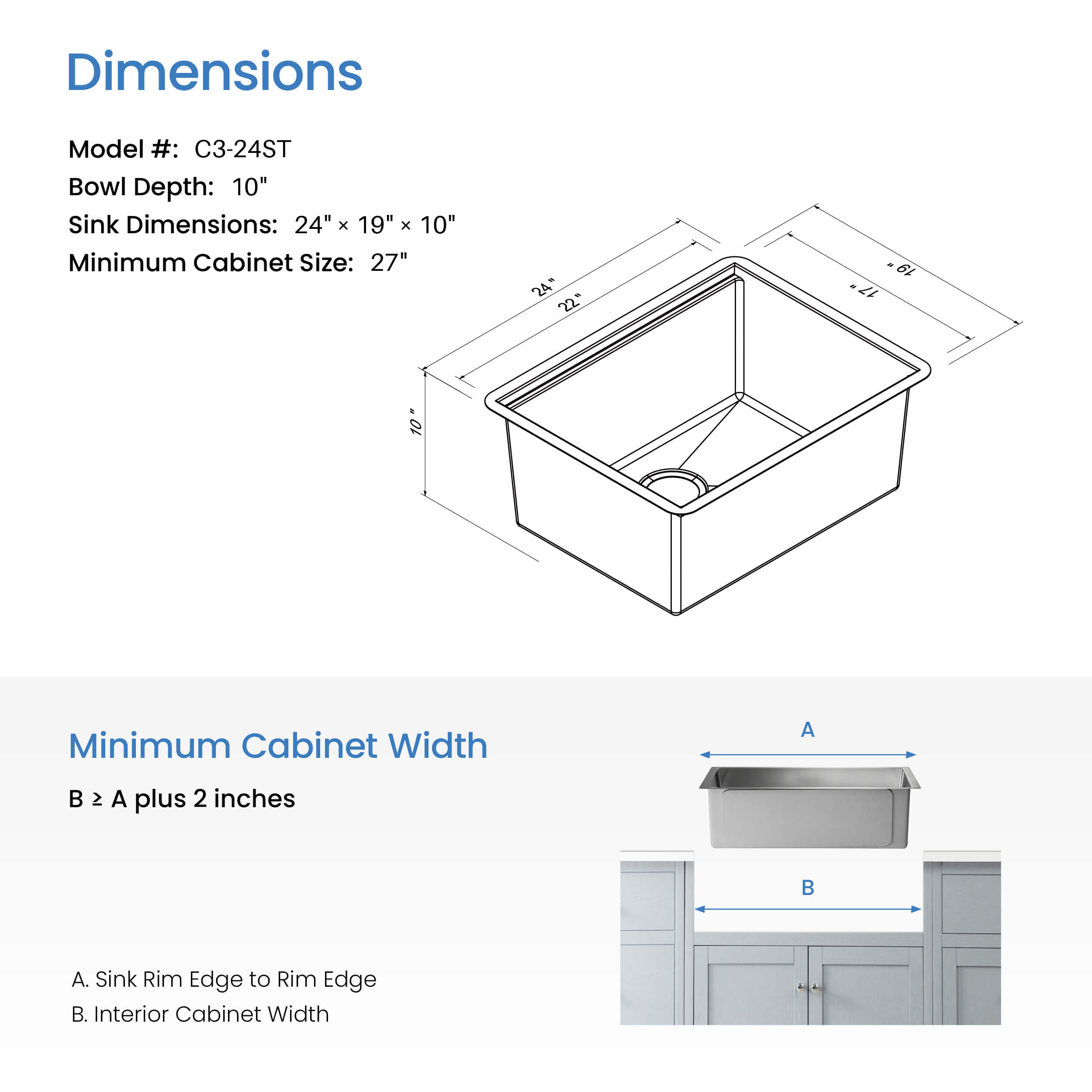 24" Handcrafted 316 Marine Grade Stainless Steel Single Bowl Workstation Undermount Kitchen Sink - C3-24ST