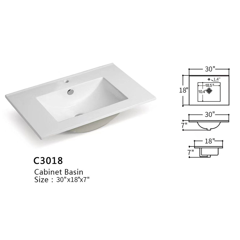 30" V9018 Sylvia Series Wall Hung Vanity & Ceramic Sink (Glossy White)