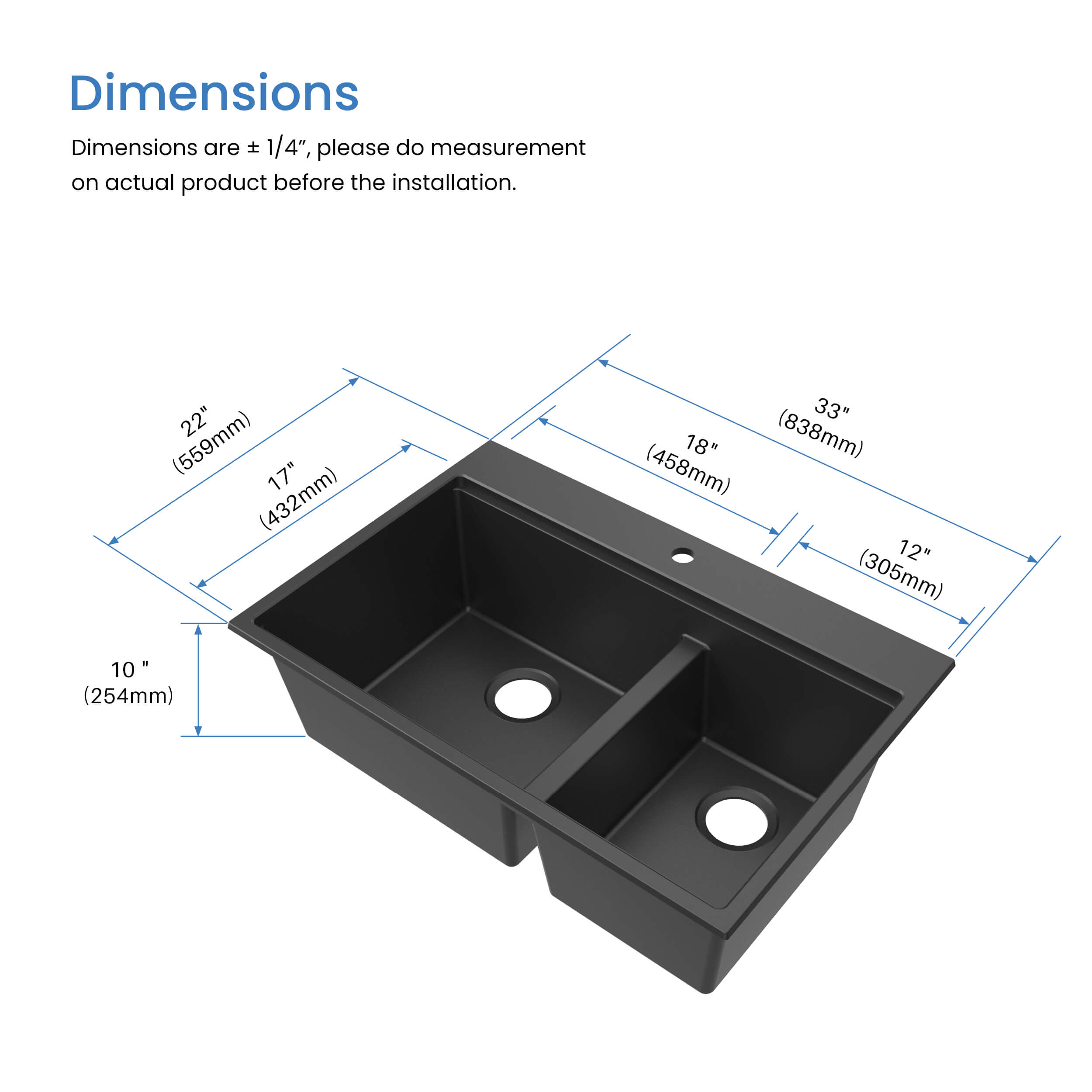 33" Top-Mount Workstation Double Bowl Quartz Kitchen Sink - C4-33TDT