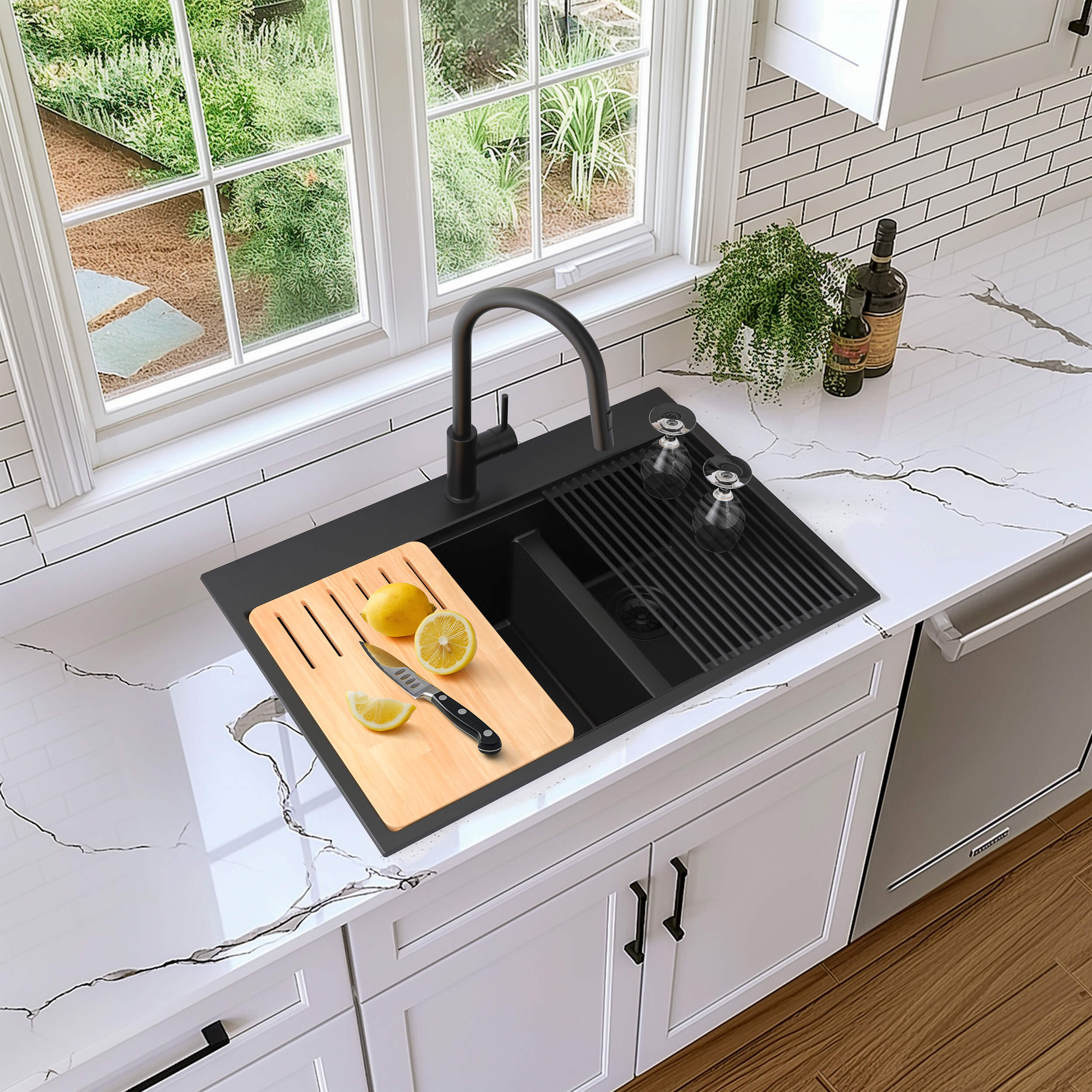 33" Top-Mount Workstation Double Bowl Quartz Kitchen Sink - C4-33TDT