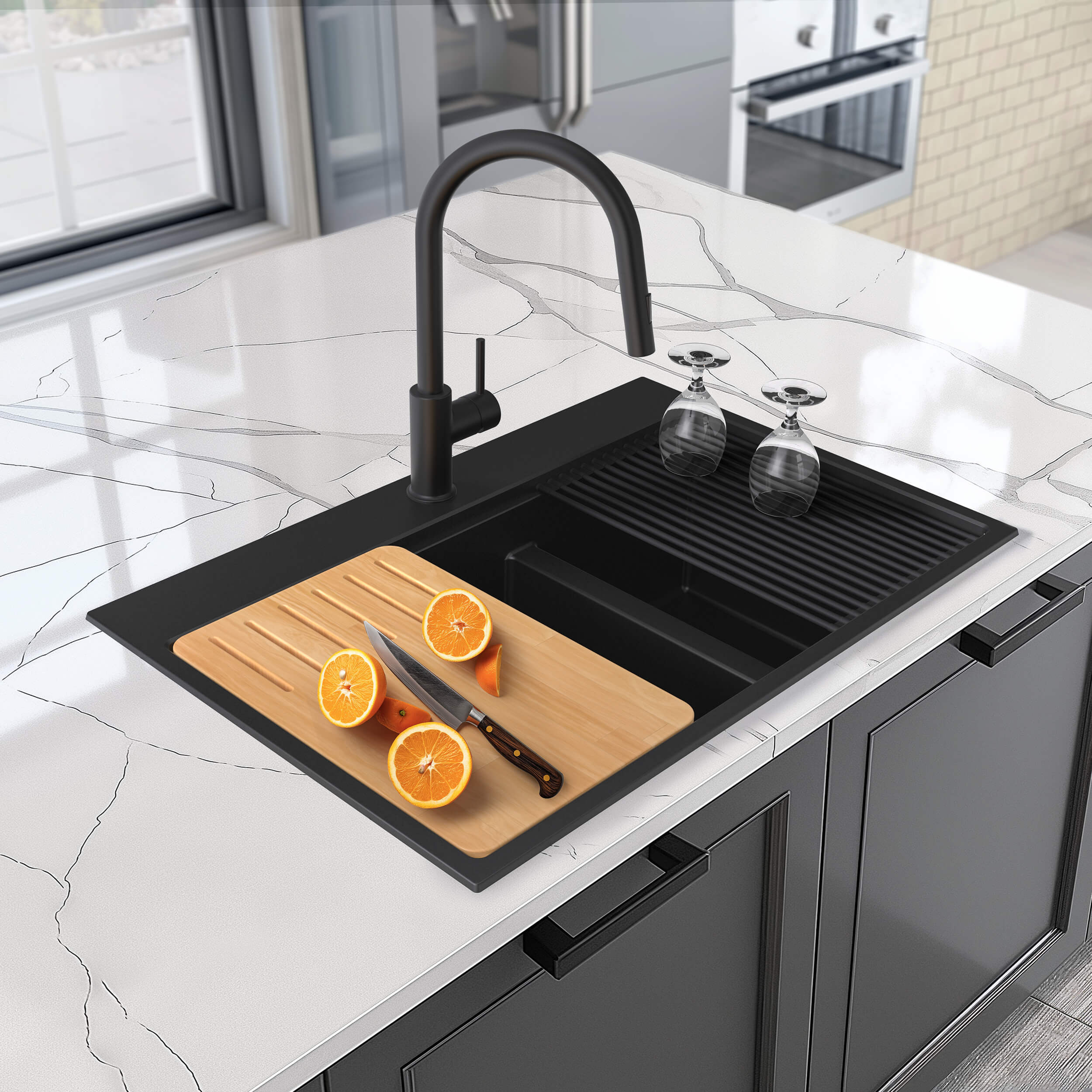 33" Top-Mount Workstation Double Bowl Quartz Kitchen Sink - C4-33TDT