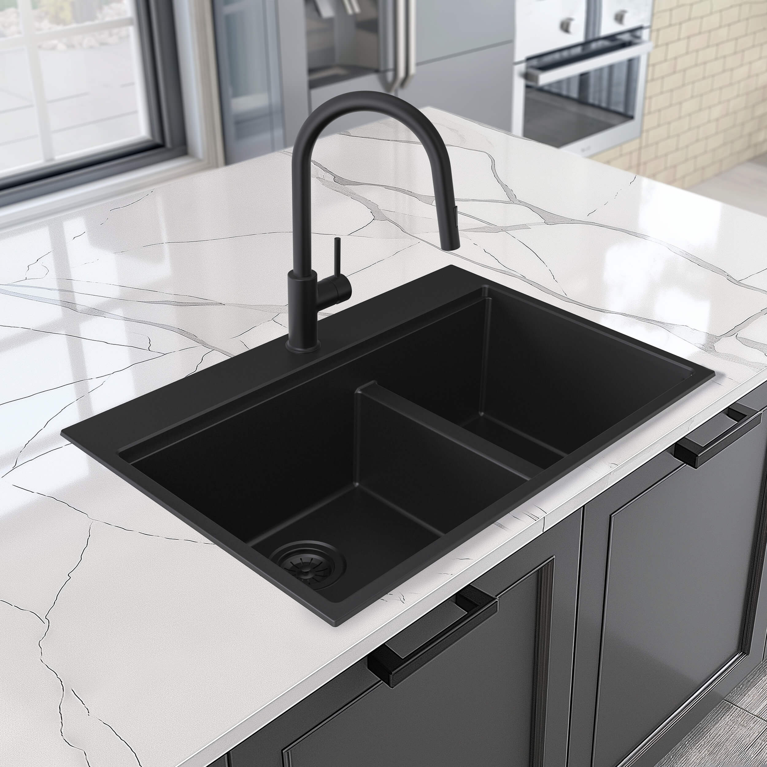 33" Top-Mount Workstation Double Bowl Quartz Kitchen Sink - C4-33TDT