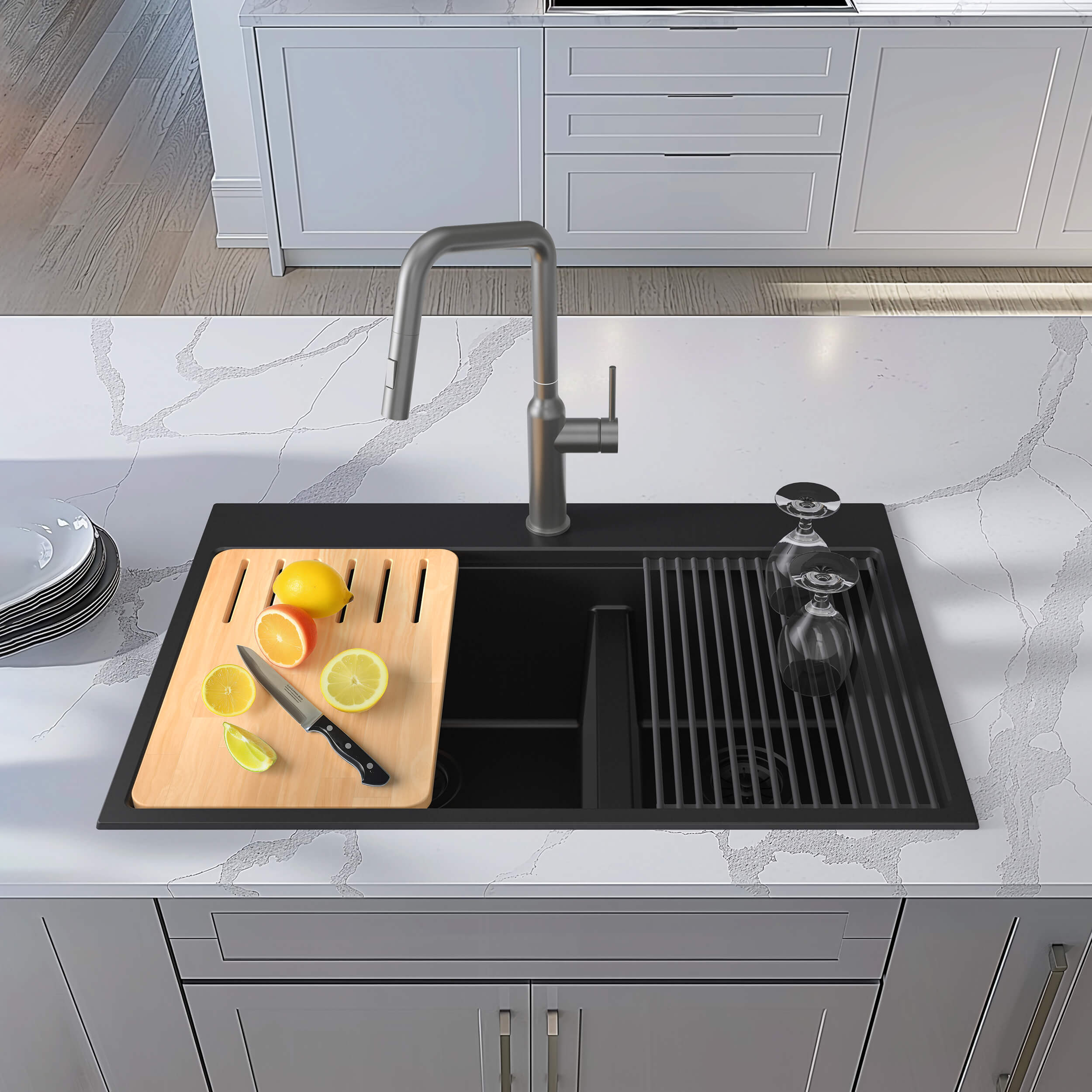 33" Top-Mount Workstation Double Bowl Quartz Kitchen Sink - C4-33TDT