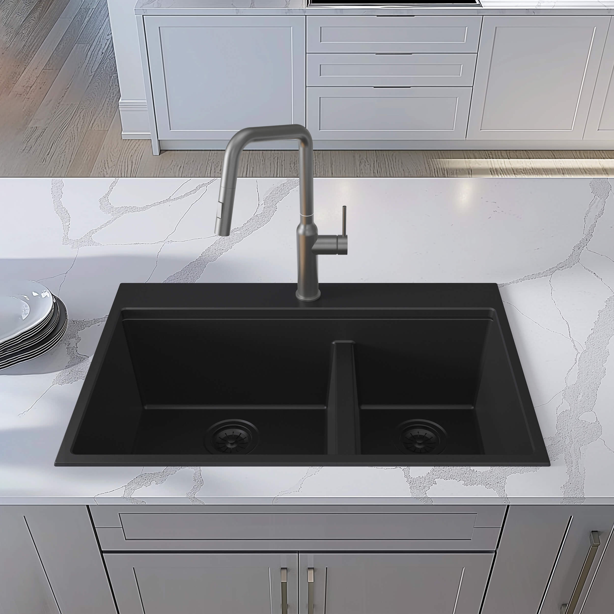 33" Top-Mount Workstation Double Bowl Quartz Kitchen Sink - C4-33TDT