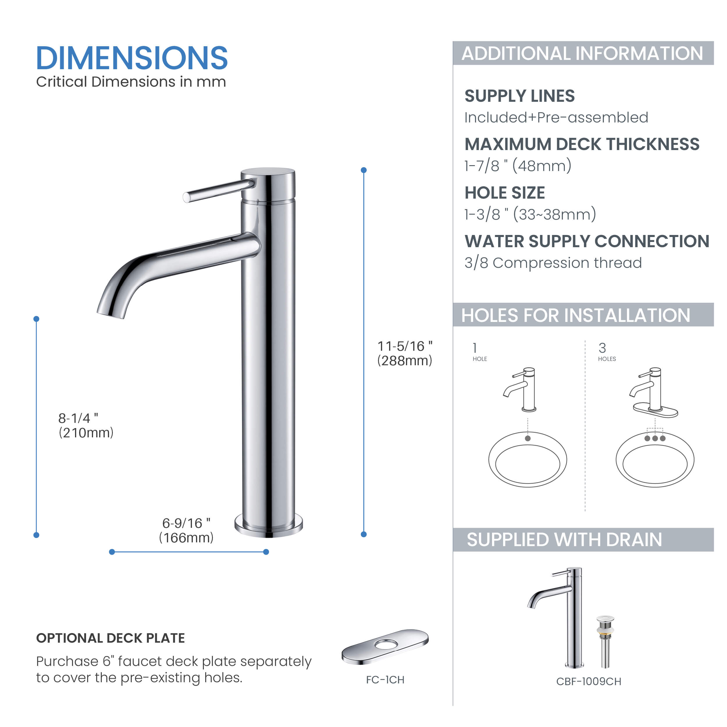 Halo Single Handle Bathroom Vessel Sink Faucet with Pop Up Drain - CBF-1009