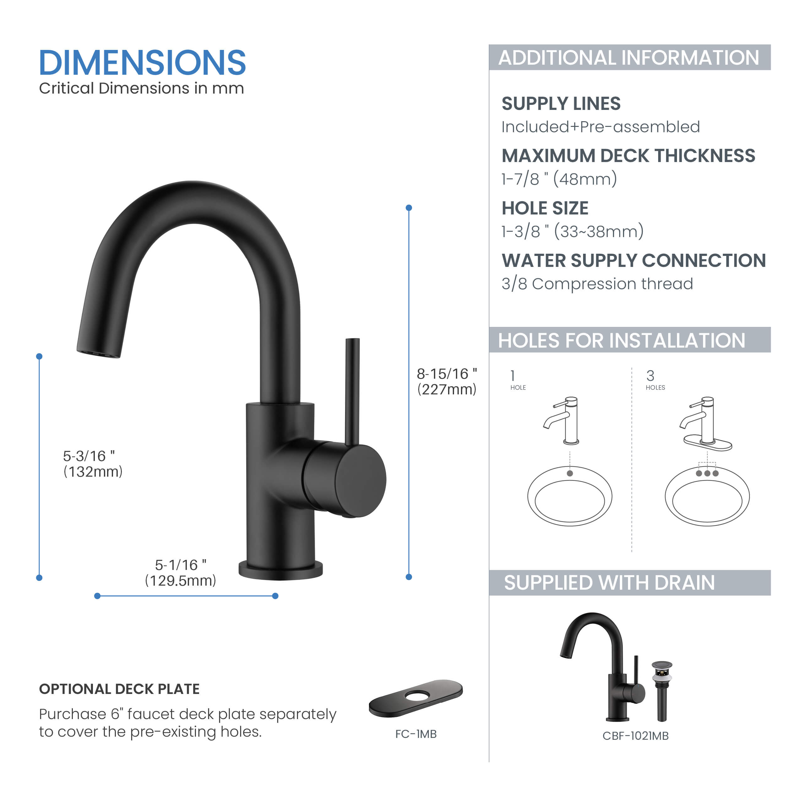 Halo High-Arc Single Handle Bathroom Vanity Sink Faucet with Pop Up Drain - CBF-1021