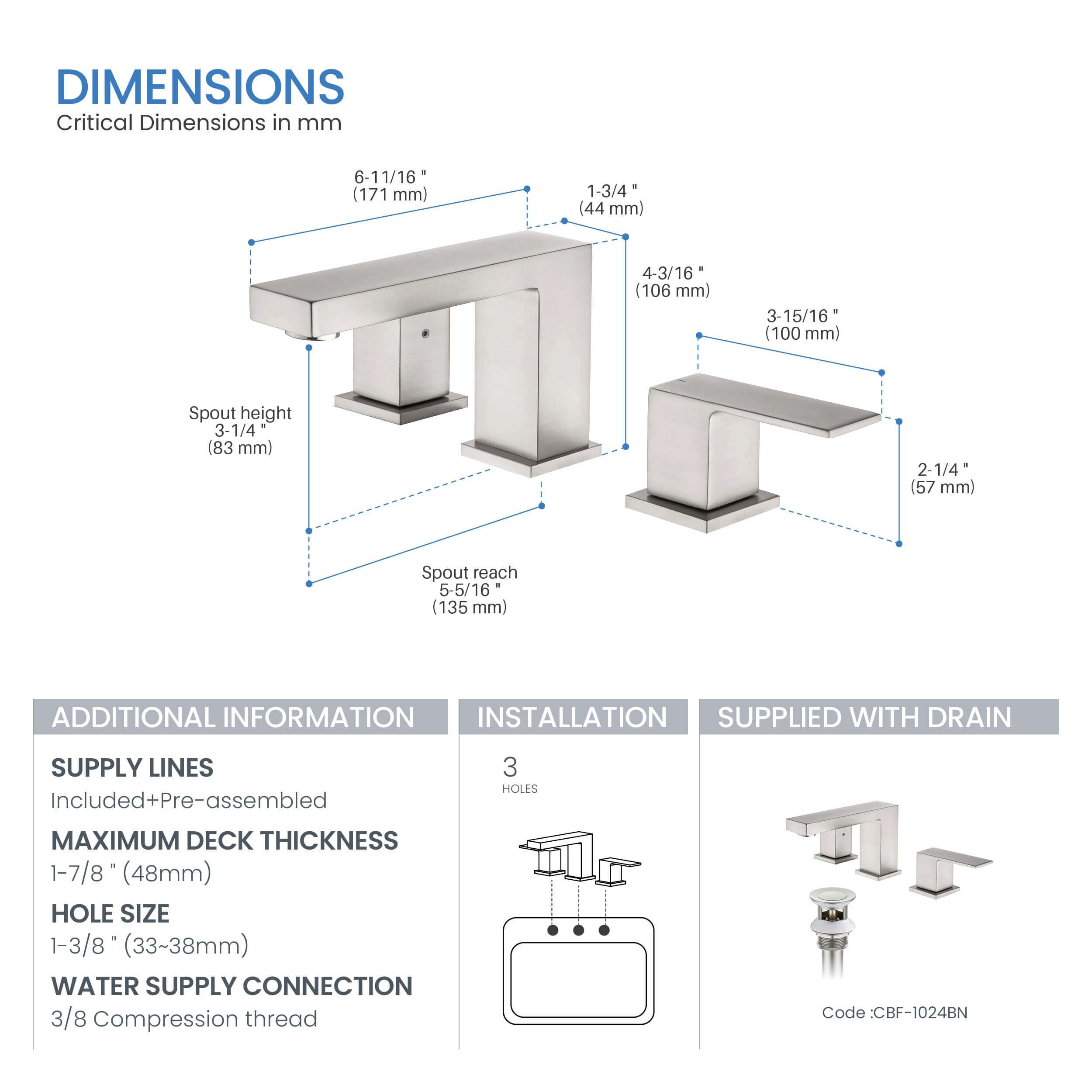Quadra 8" Widespread Bathroom Sink Faucet with Drain Assembly - CBF-1024