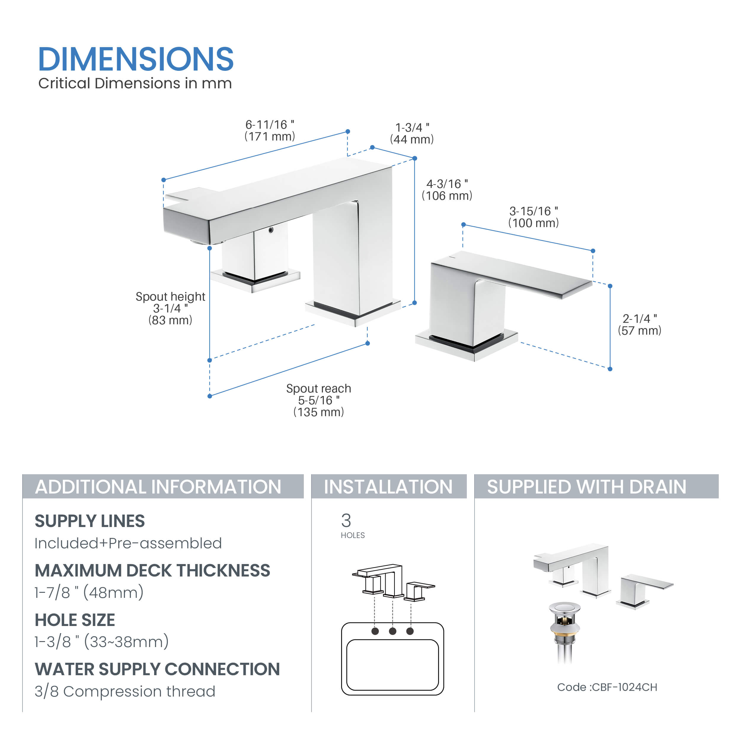 Quadra 8" Widespread Bathroom Sink Faucet with Drain Assembly - CBF-1024