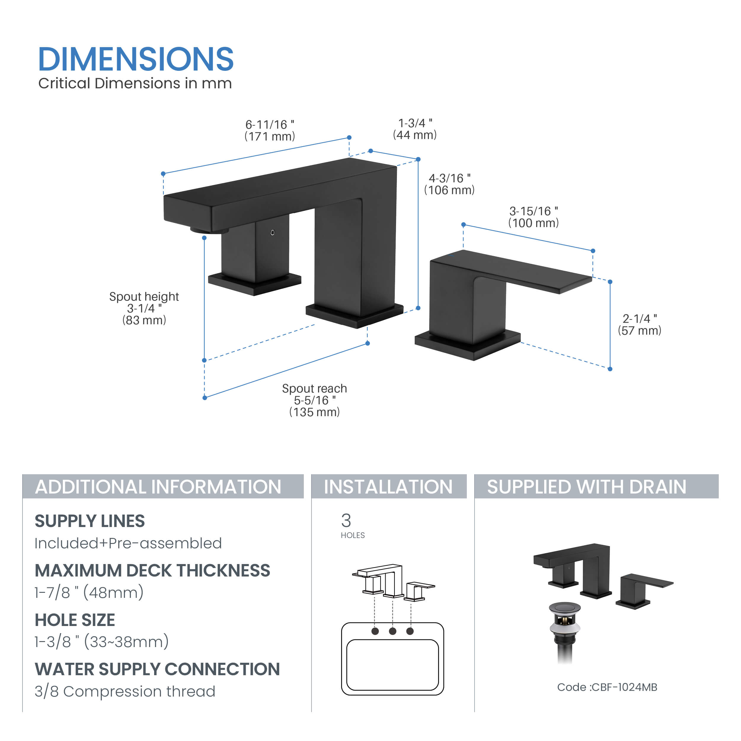 Quadra 8" Widespread Bathroom Sink Faucet with Drain Assembly - CBF-1024