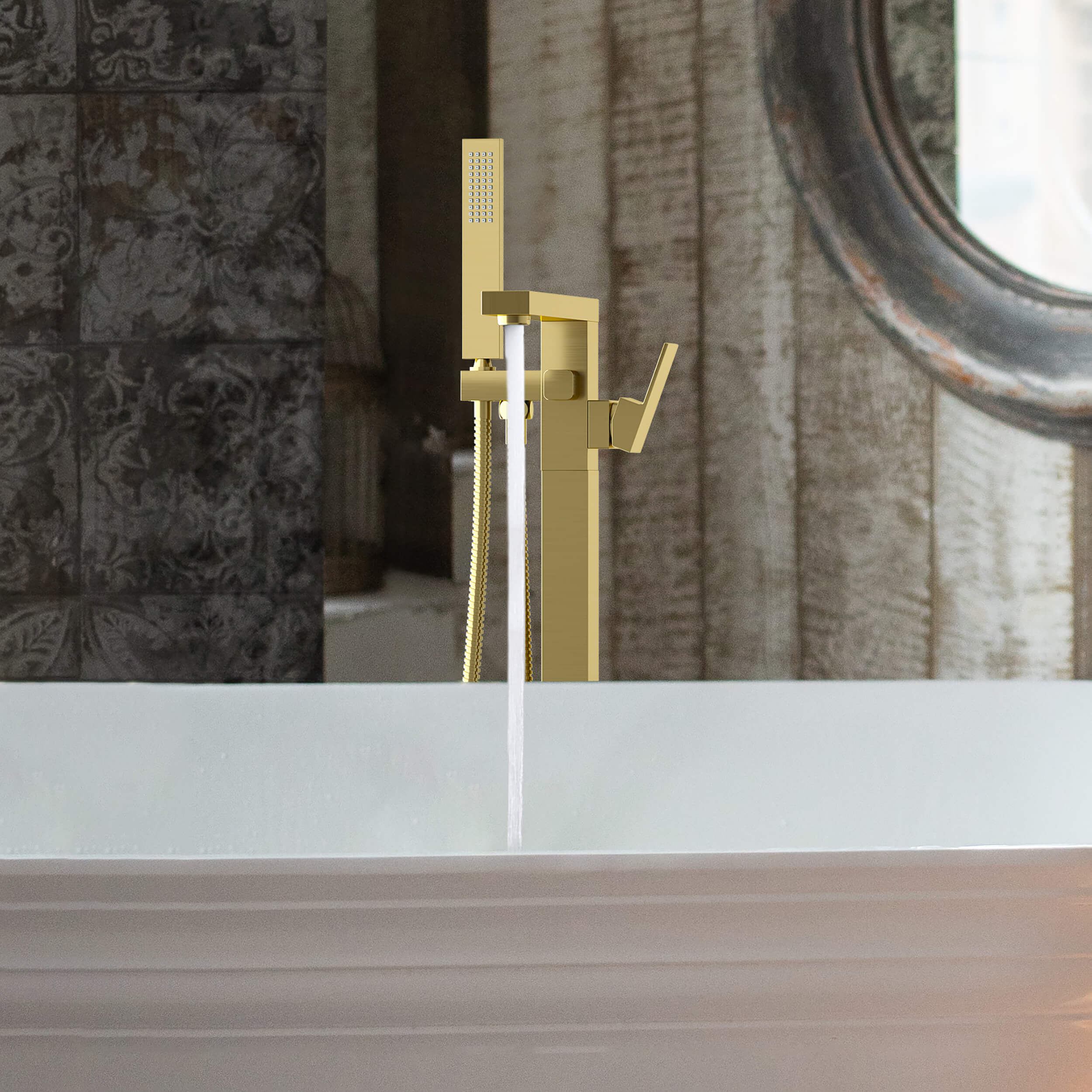 Quadra Floor Mount Tub Filler With Hand Shower - CTF-3002