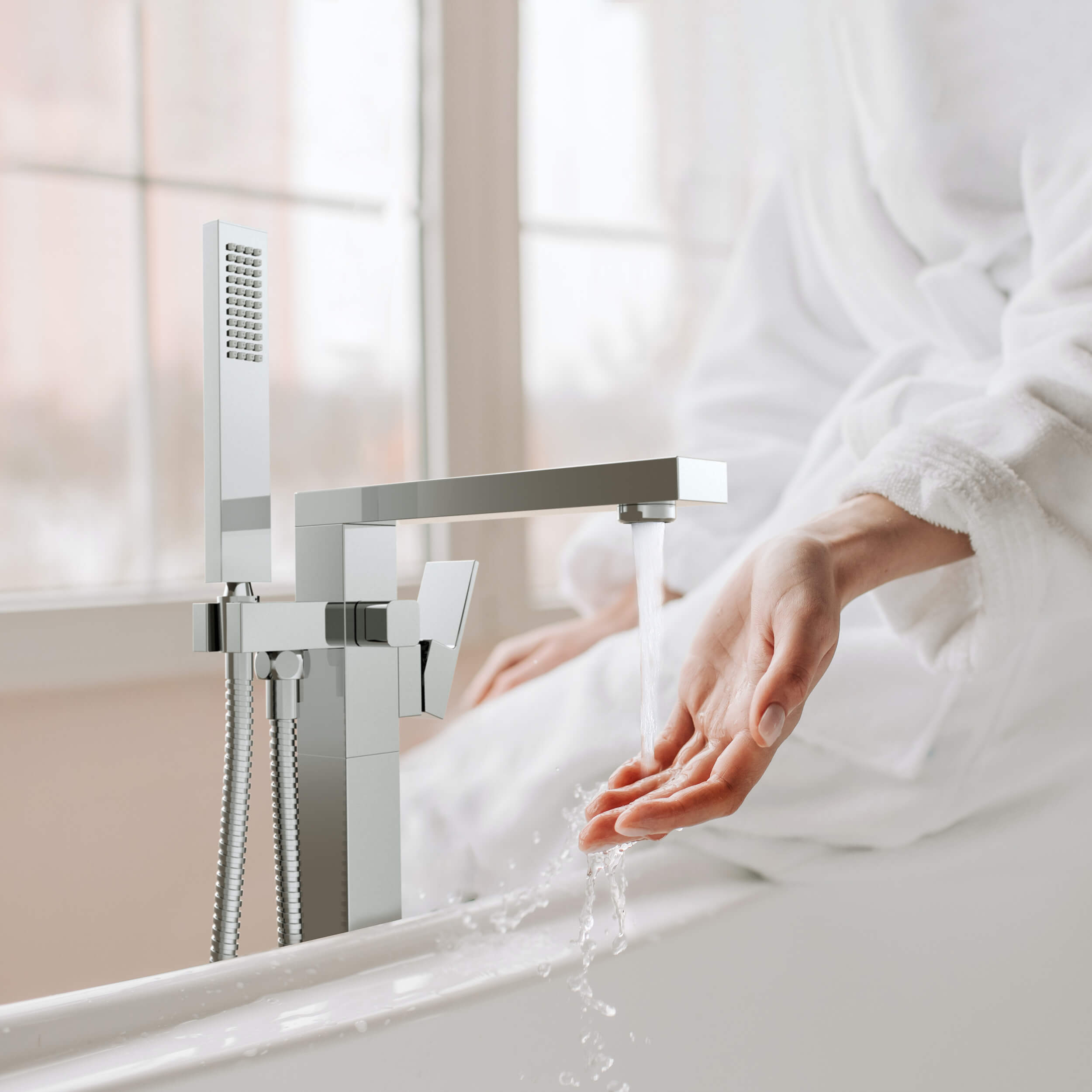Quadra Floor Mount Tub Filler With Hand Shower - CTF-3002