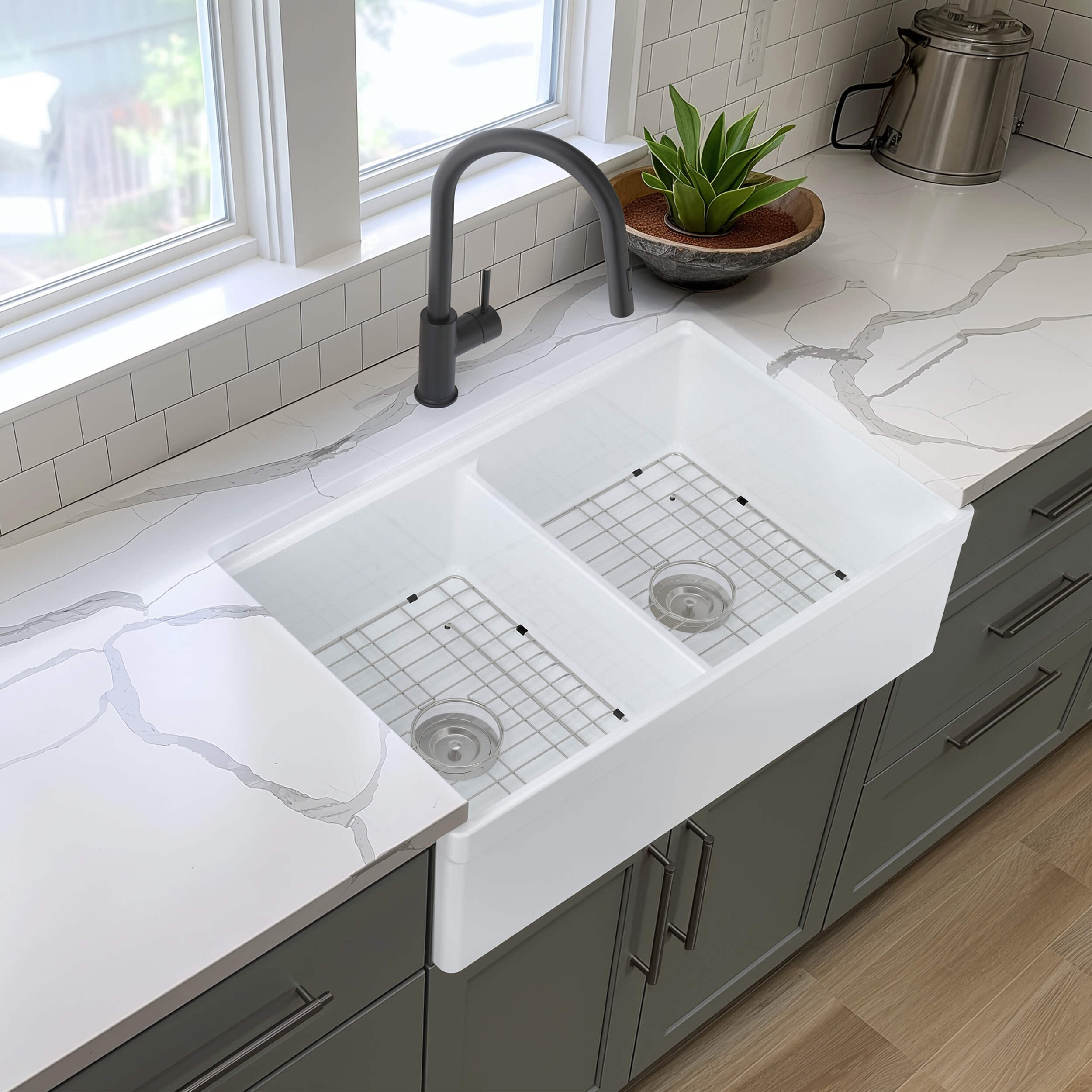 33" Fireclay Double Bowl Farmhouse Kitchen Workstation Sink - C2-33DFT - Shop at Home Craft Studio - 4